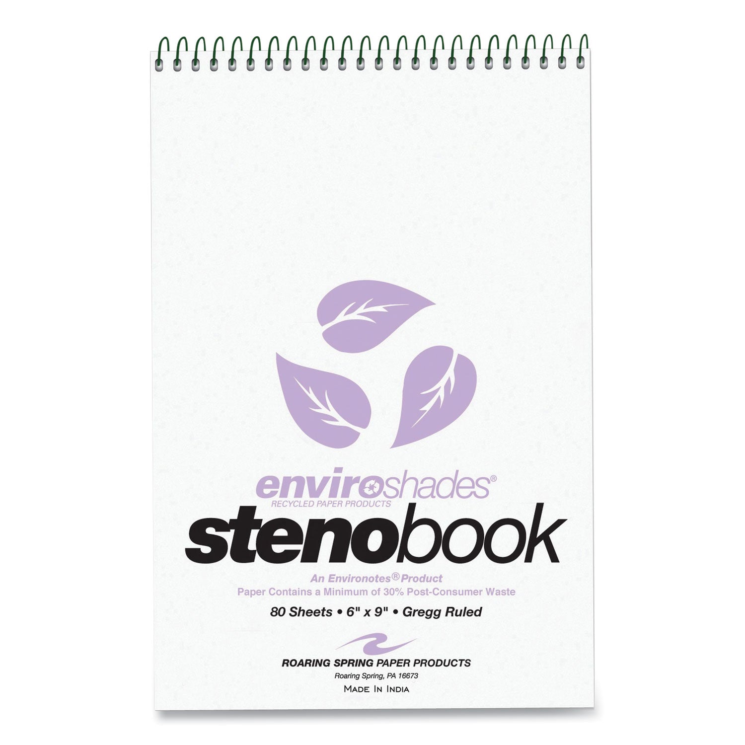 Roaring Spring Enviroshades Recycled Spiral Steno Memo Book, 9" x 6", Orchid Paper, 80 Sheets, 160 Pages, Gregg Ruled, Spiral Bound, Board Cover, 4 Pack