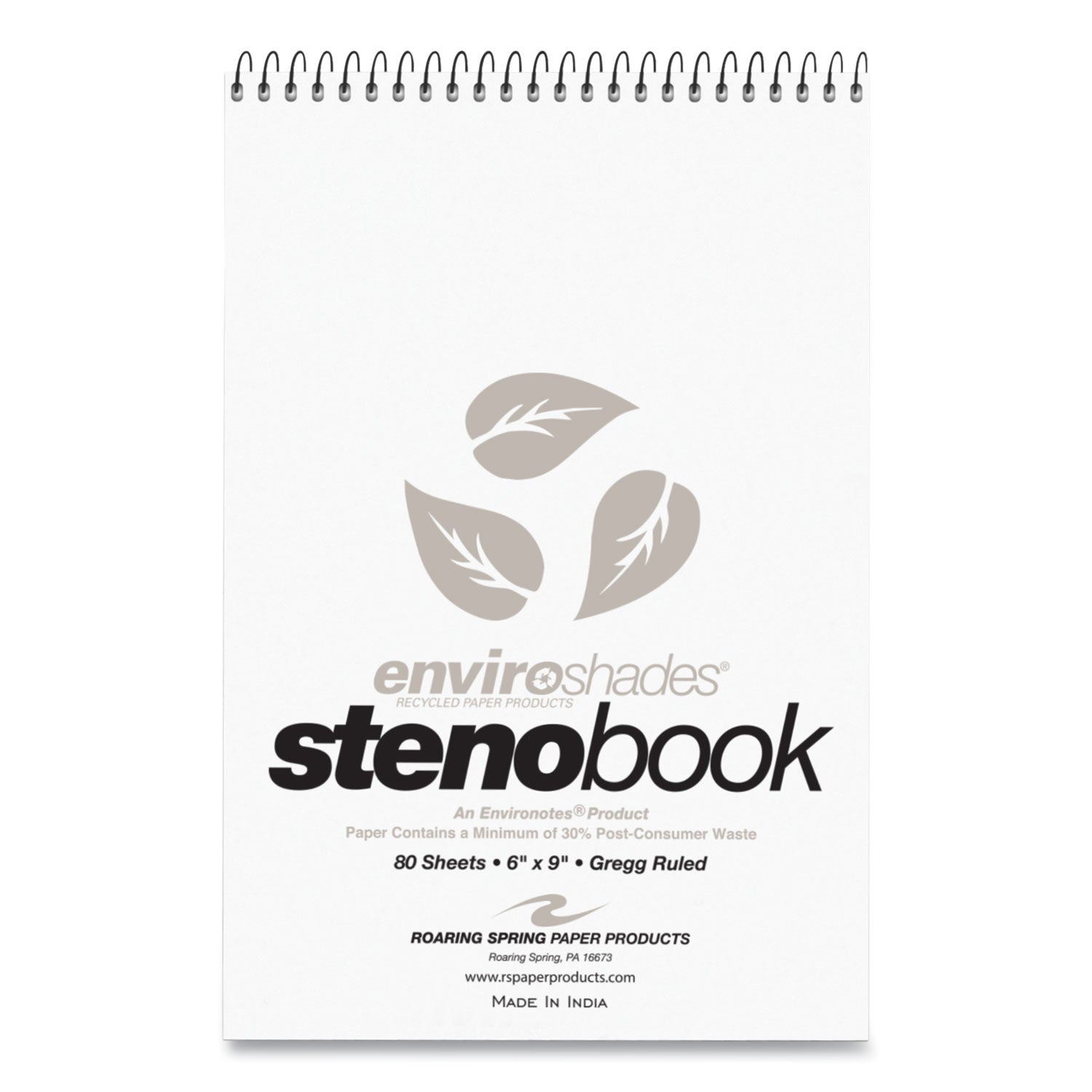 Roaring Spring Enviroshades Recycled Spiral Steno Memo Book, 9" x 6", 80 Sheets, 160 Pages, Gray Paper, Gregg Ruled, Spiral Bound, Board Cover, Black Binding, 4 Pack