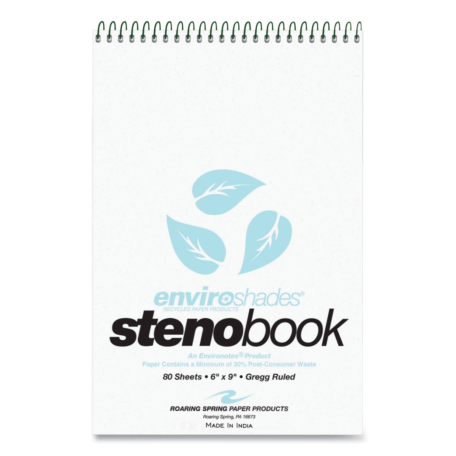 Roaring Spring Enviroshades Recycled Spiral Steno Memo Book, 9" x 6", Blue Paper, Gregg Ruled, 80 Sheets, 160 Pages, Spiral Bound, Board Cover, 4 Pack