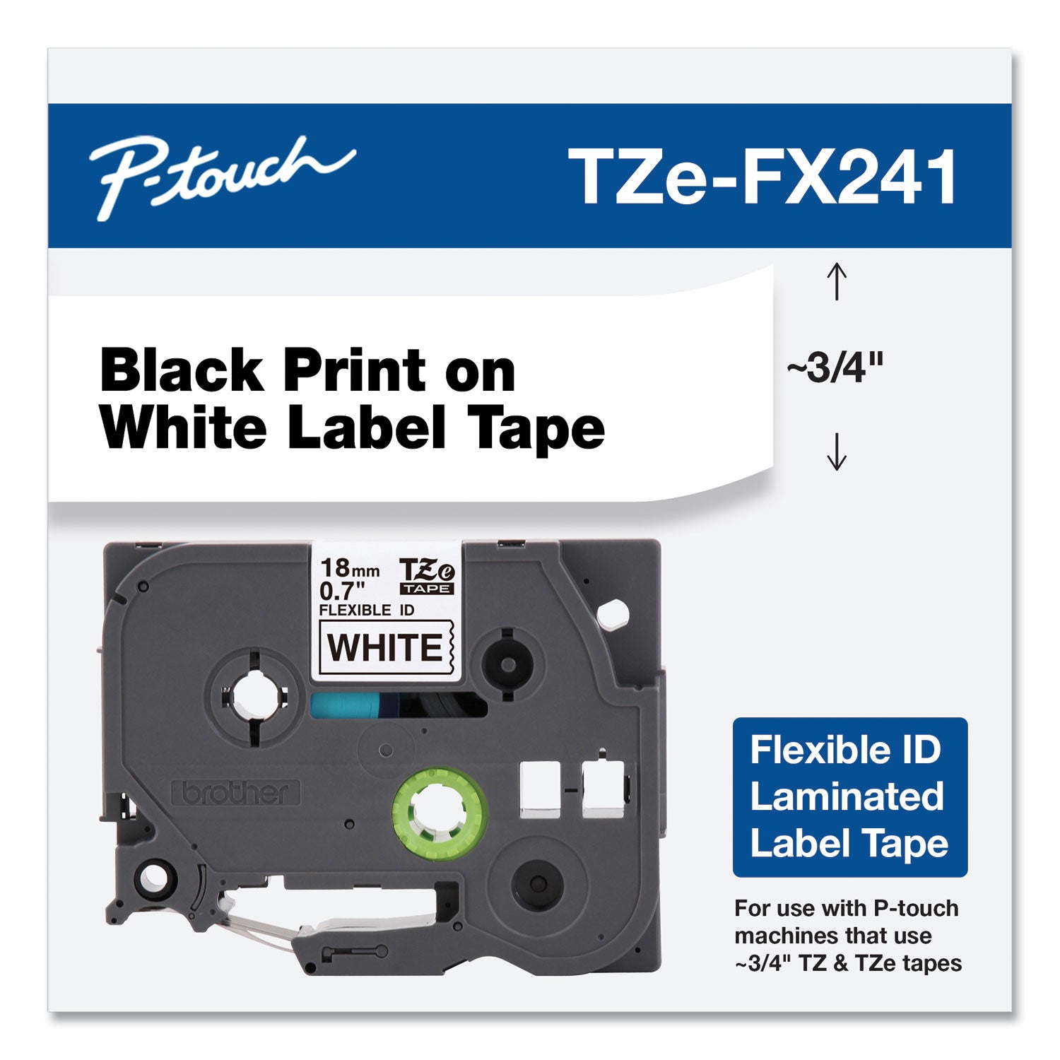 P-touch TZe Laminated Tape, 45/64" x 26 1/4 ft, White, Roll, Rectangle, Thermal Transfer, Water, Chemical, Abrasion, Fade, and Temperature Resistant, 1 Each