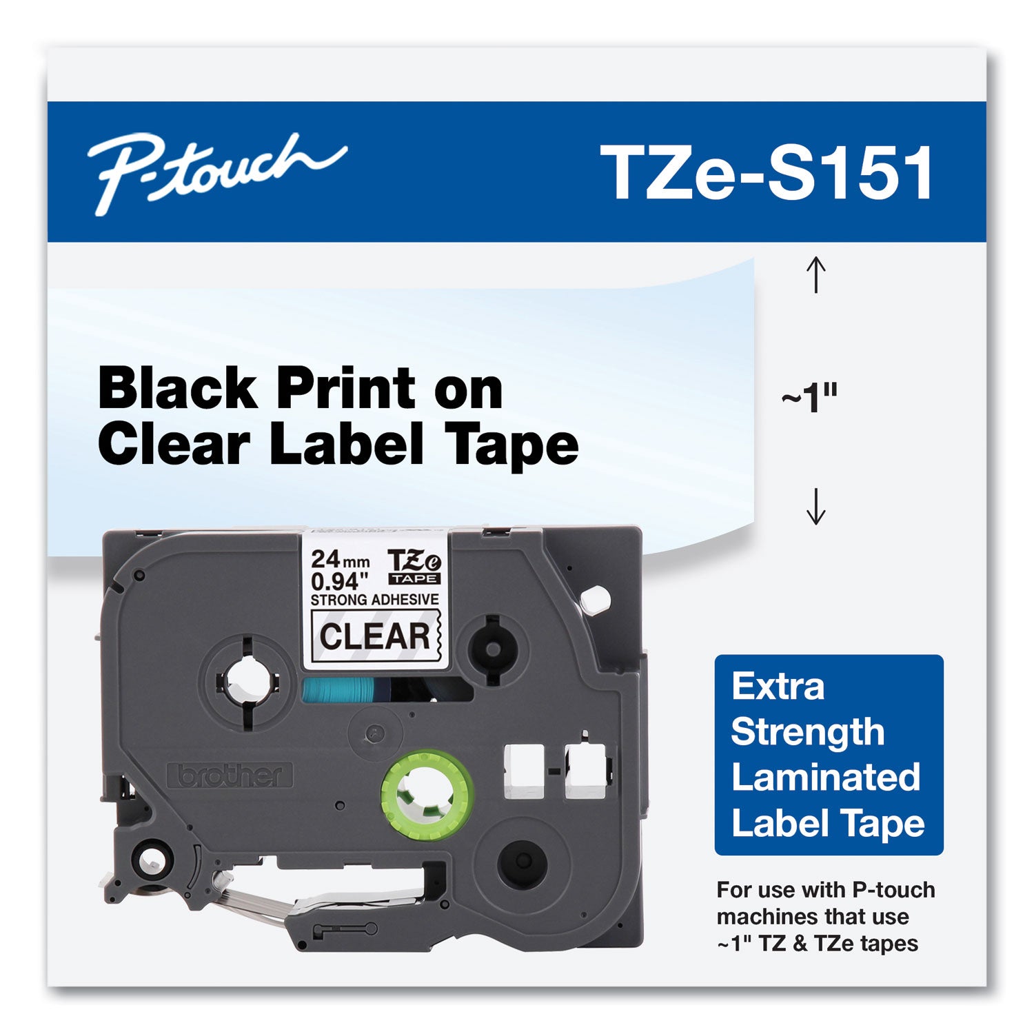 Tze Extra-Strength Adhesive Laminated Labeling Tape, 0.94" X 26.2 Ft, Black On Clear
