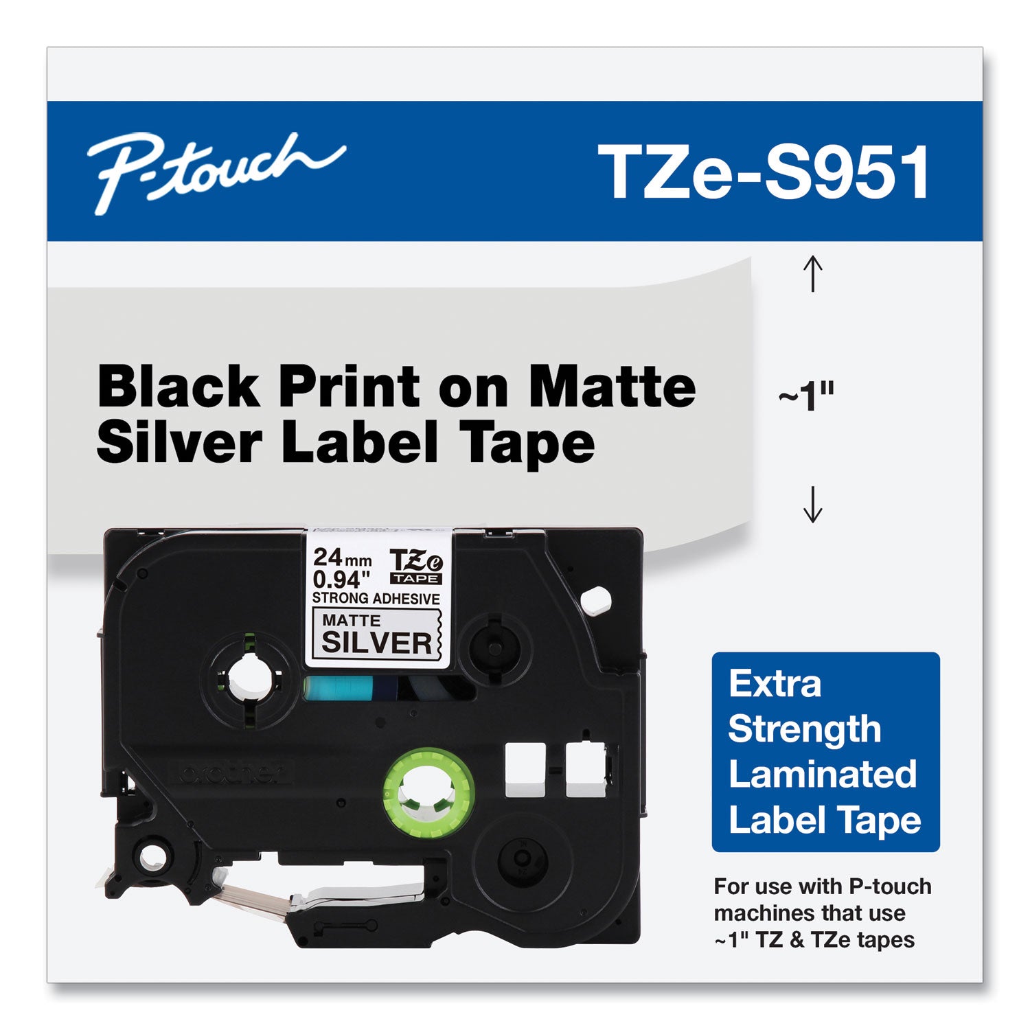 Tz Extra-Strength Adhesive Laminated Labeling Tape, 0.94" X 26.2 Ft, Black On Matte Silver