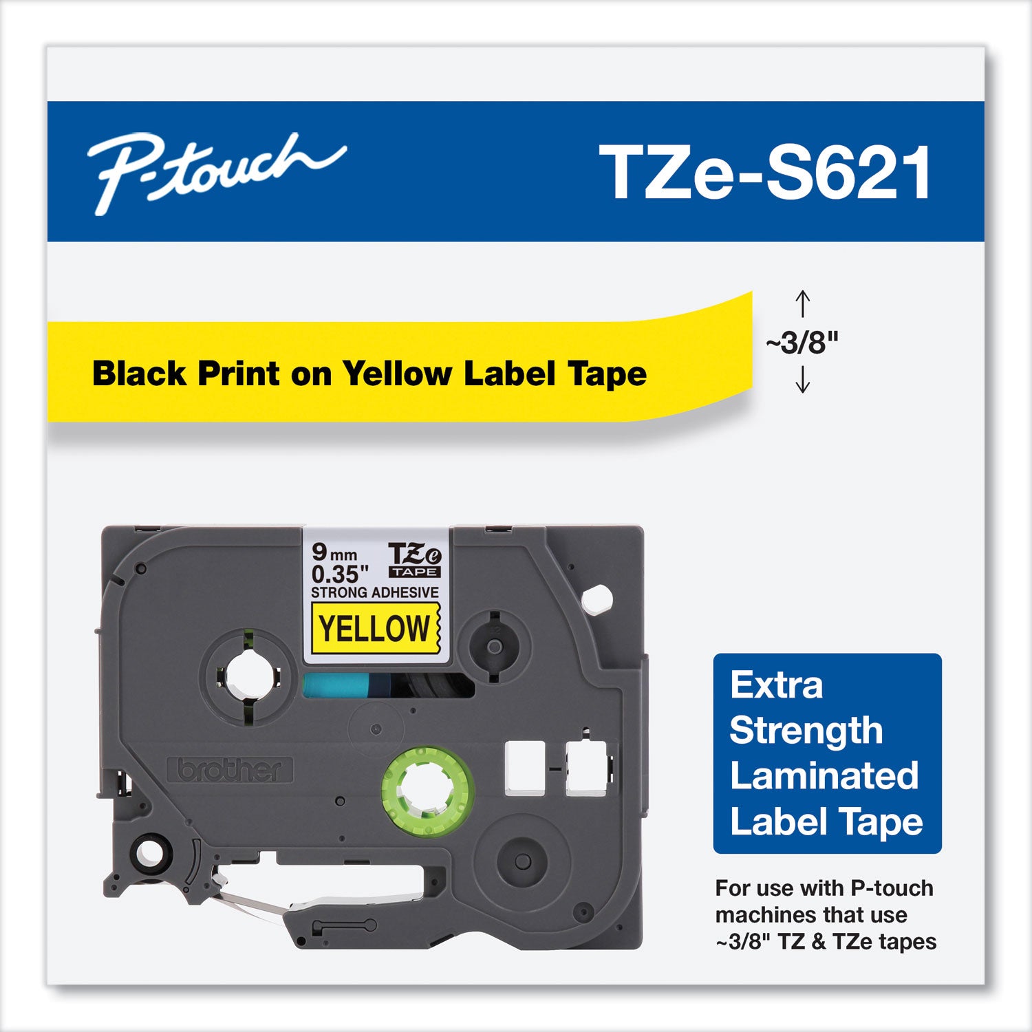 Tze Extra-Strength Adhesive Laminated Labeling Tape, 0.35" X 26.2 Ft, Black On Yellow