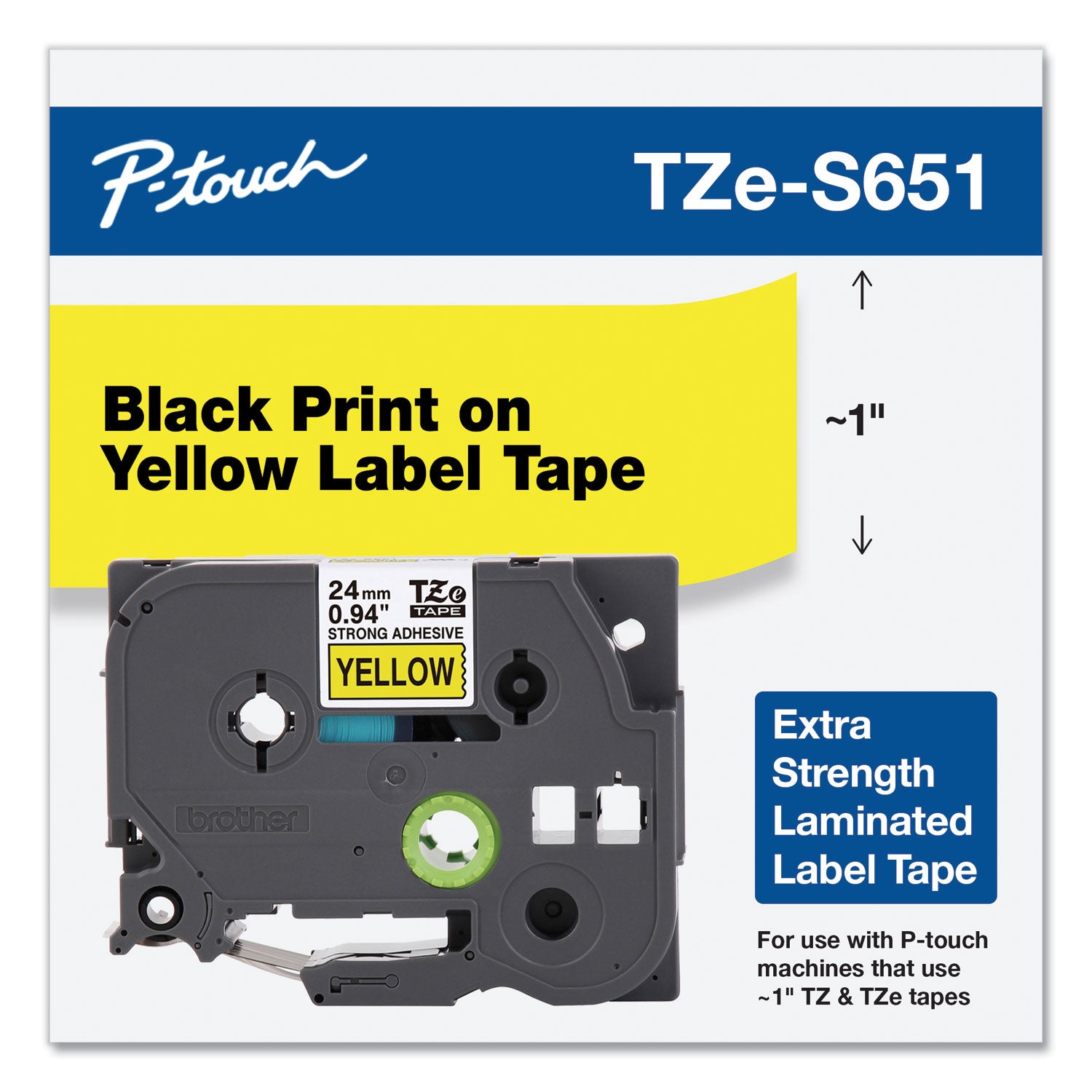 Tze Extra-Strength Adhesive Laminated Labeling Tape, 0.94" X 26.2 Ft, Black On Yellow