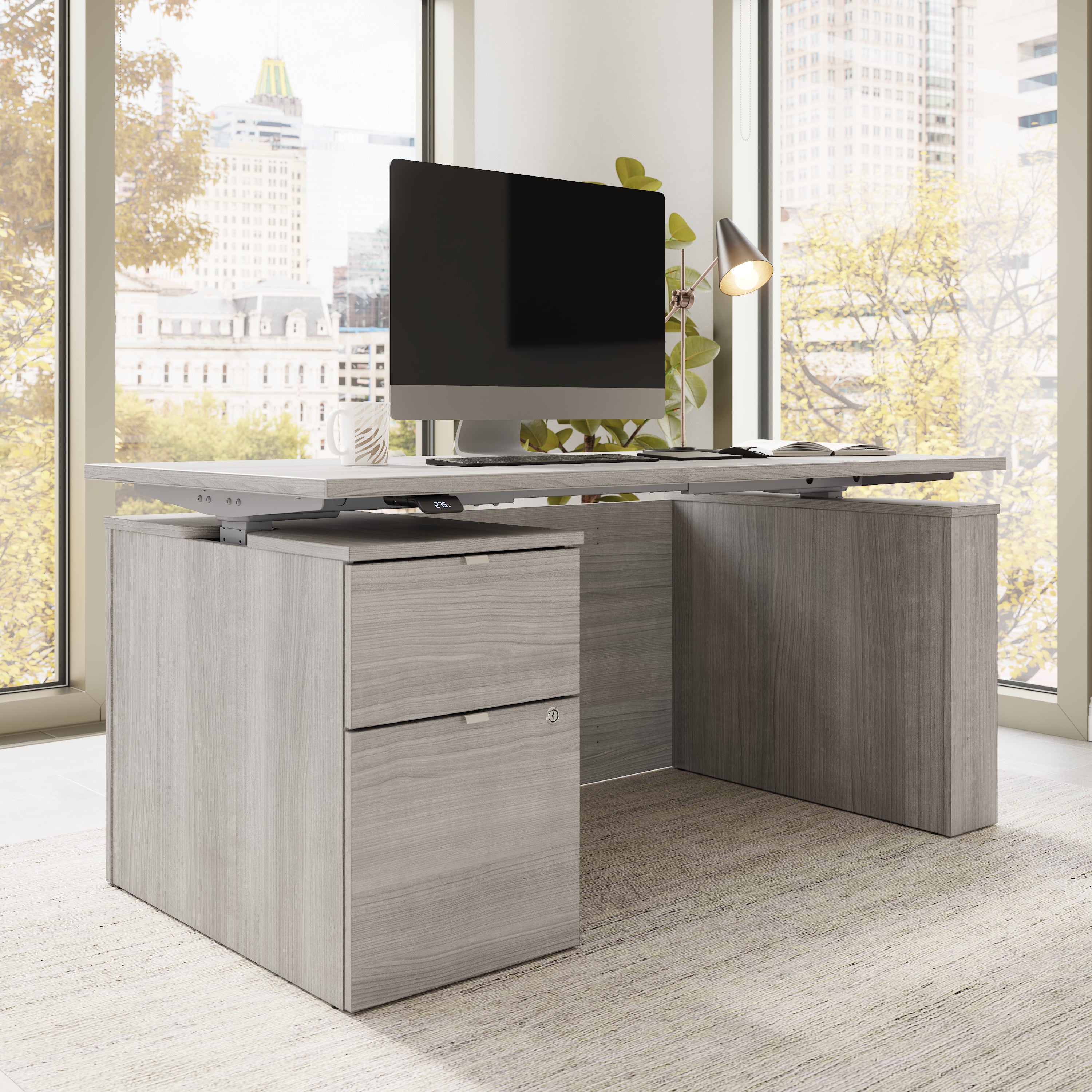 Bush Business Furniture Stratus&nbsp;60W x&nbsp;30D Eletric Height Adjustable Standing Desk with File Cabinet in Platinum Gray with Metallic Gray Base - 59.45" Width x 29.37" Depth x 27.44" Height