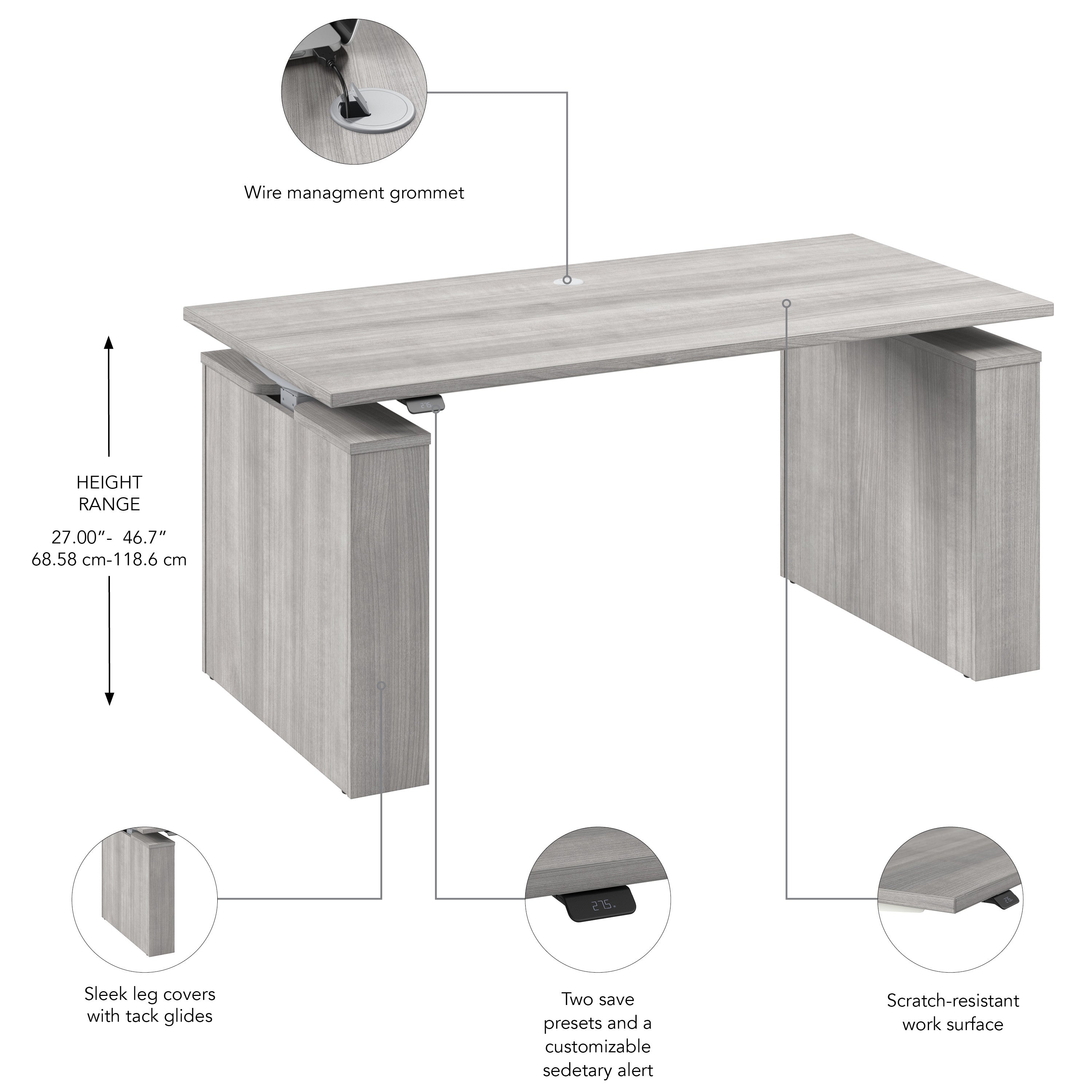 Bush Business Furniture Stratus&nbsp;60W x&nbsp;30D Electric Height Adjustable Standing Desk in Platinum Gray with Metallic Gray Base - 59.45" Width x 29.37" Depth x 27.44" Height