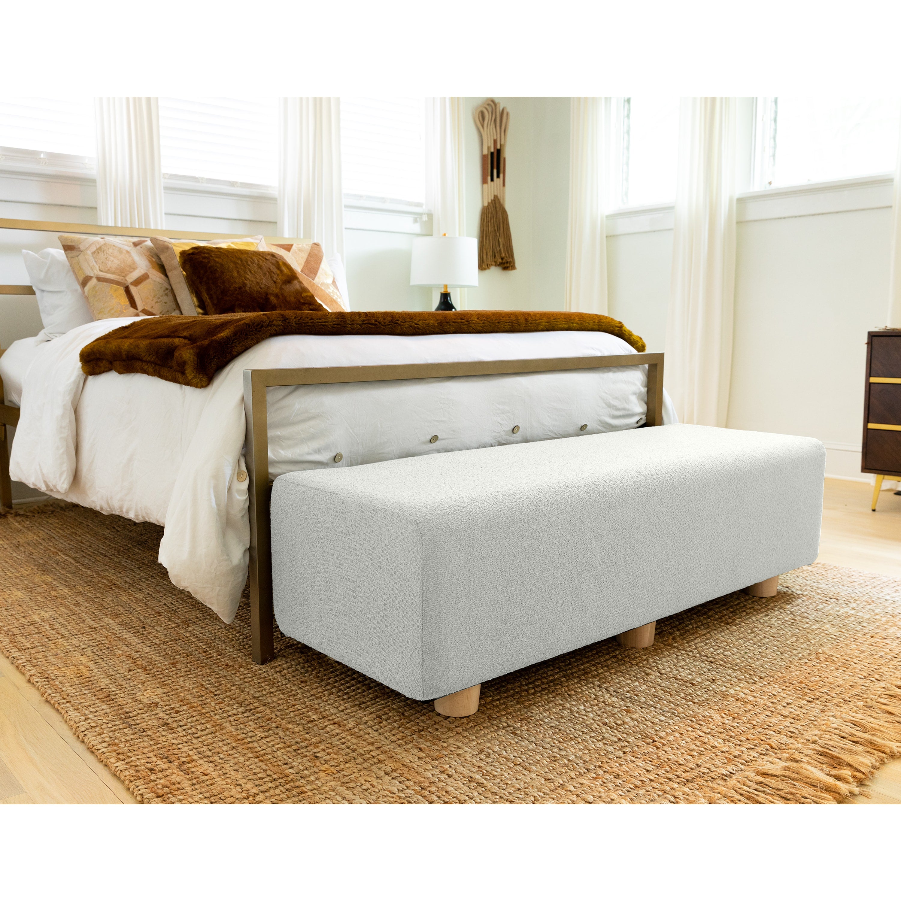 Jaxx Caya 4-in-1 Large Bed Bench, Giant Ottoman, Dining Bench, and Yoga and Massage Platform, King, Boucle White