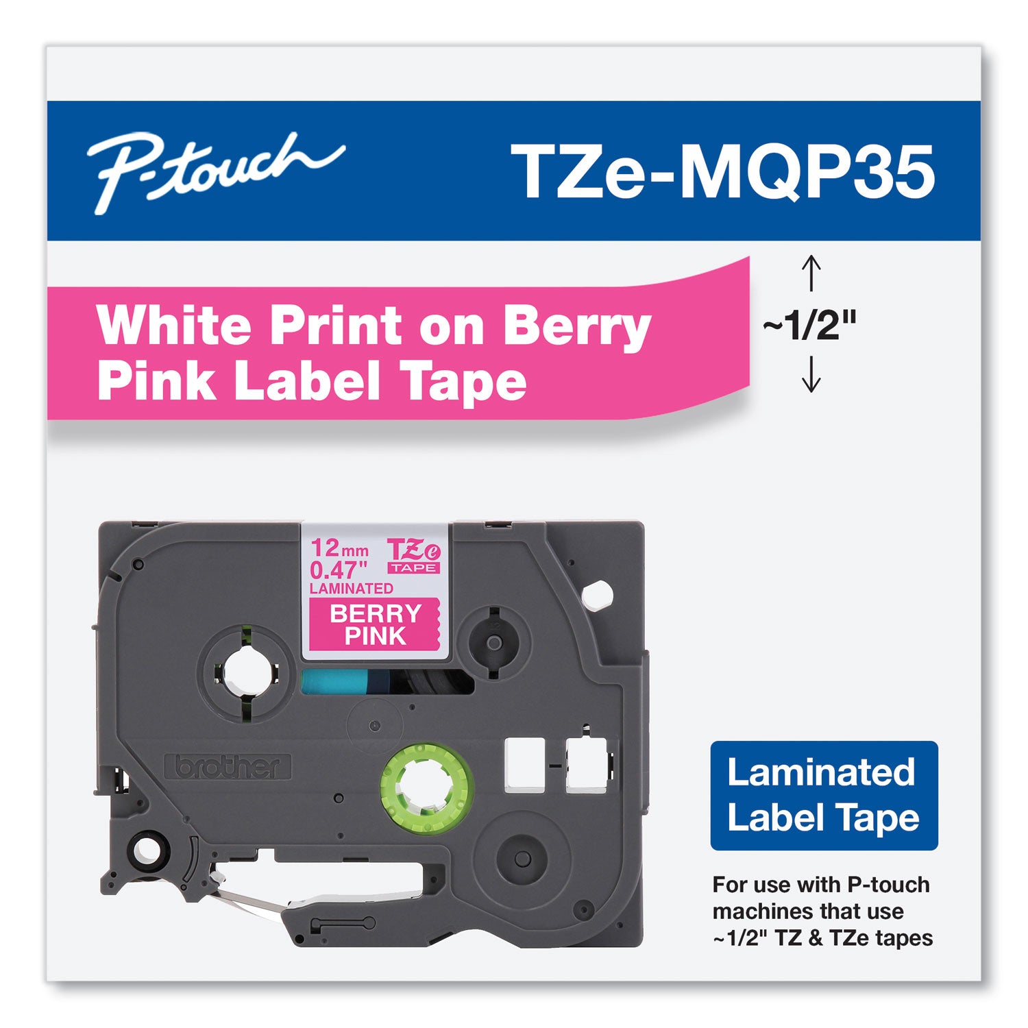 P-touch TZe Laminated Tape - x 15/32" Width x 16 13/32 ft Length - Direct Thermal, Thermal Transfer - Berry Pink - Water Resistant - Laminated - Abrasion Resistant, Chemical Resistant, Fade Resistant, Temperature Resistant - 1 Each