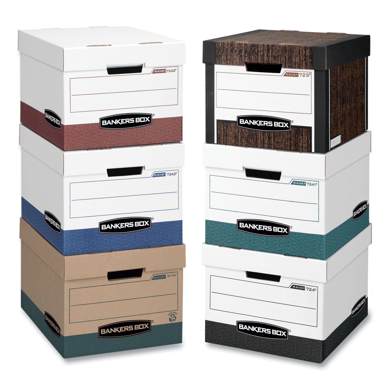 Bankers Box R-Kive File Storage Box, Heavy Duty, Stackable, Lift-off Lid, Reinforced Handles, White/Green, 12 per Carton