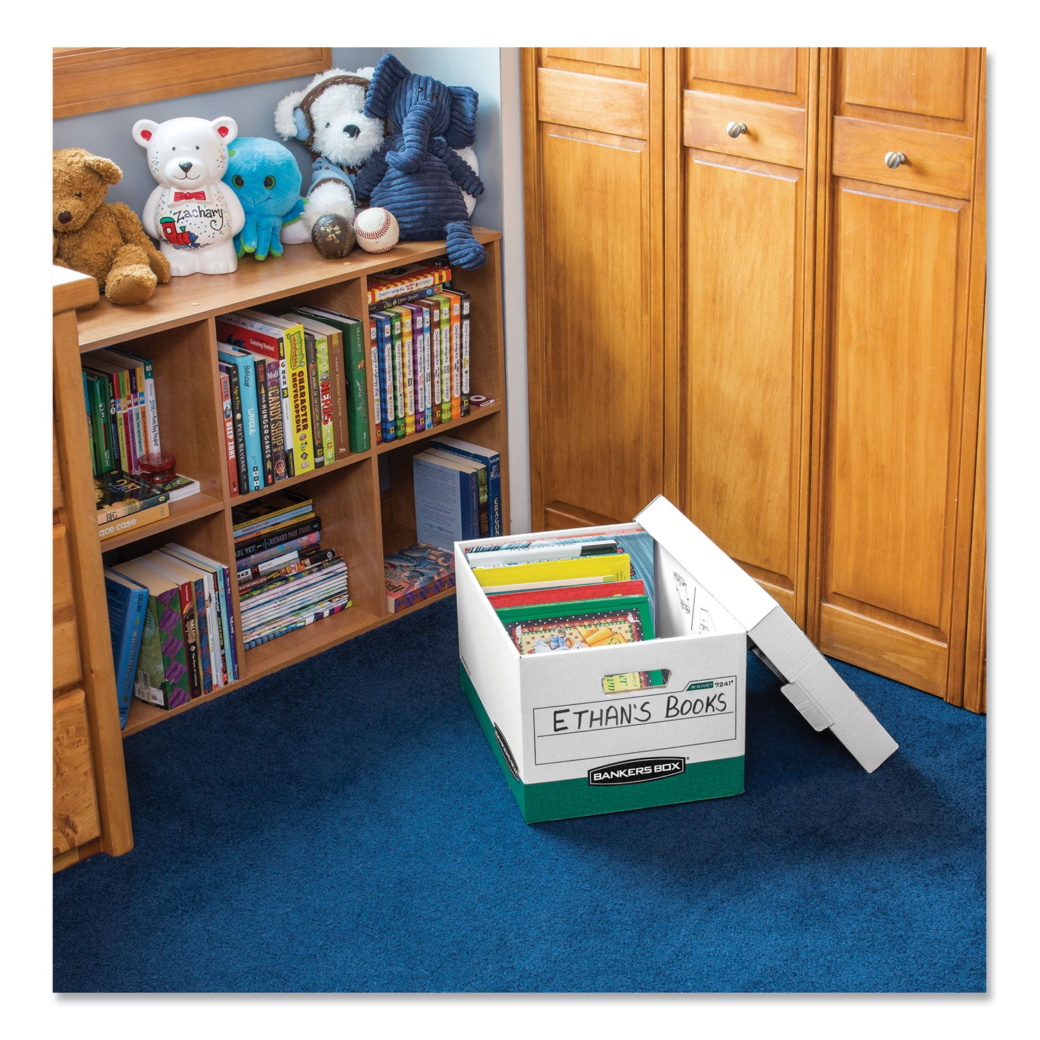 Bankers Box R-Kive File Storage Box, Heavy Duty, Stackable, Lift-off Lid, Reinforced Handles, White/Green, 12 per Carton