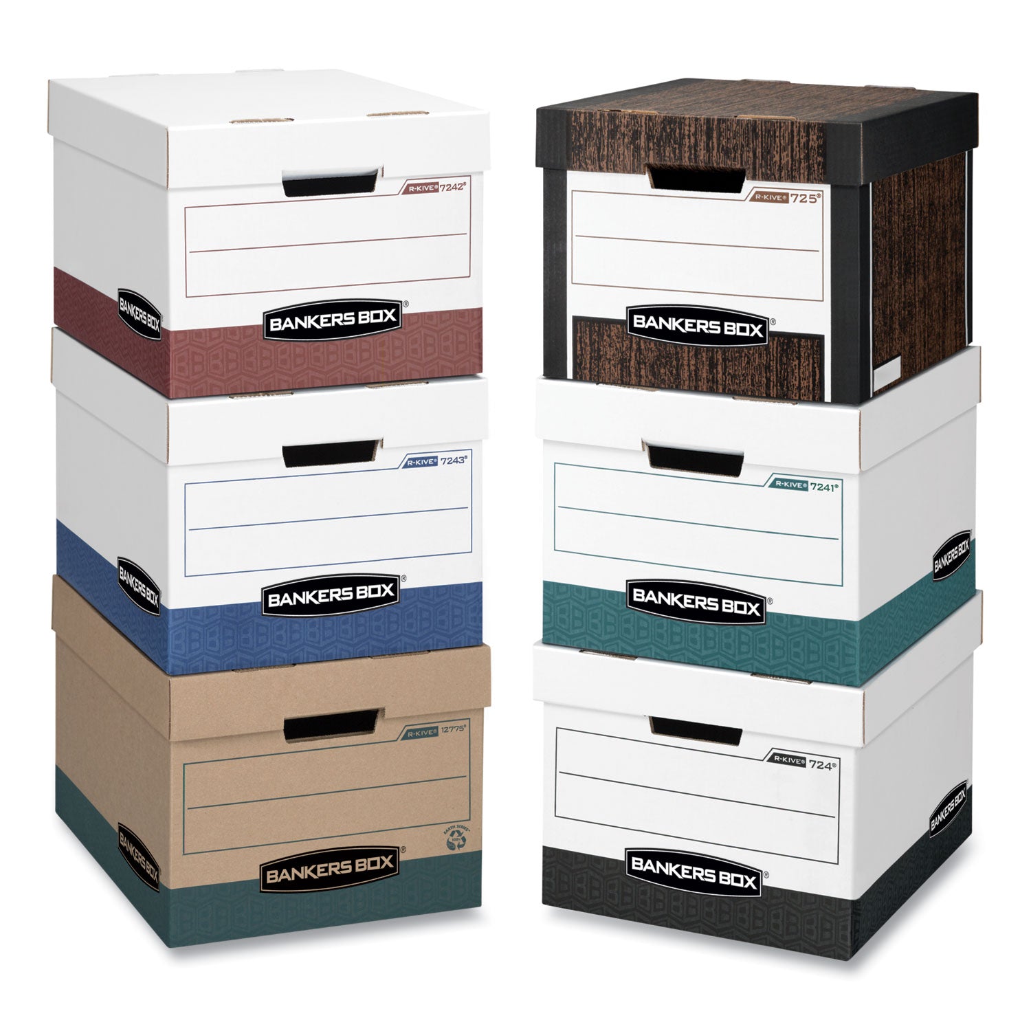 Bankers Box R-Kive File Storage Box, Heavy Duty, Stackable, Lift-off Lid, Letter/Legal Size, Wood Grain/Blue, 12 Boxes per Carton
