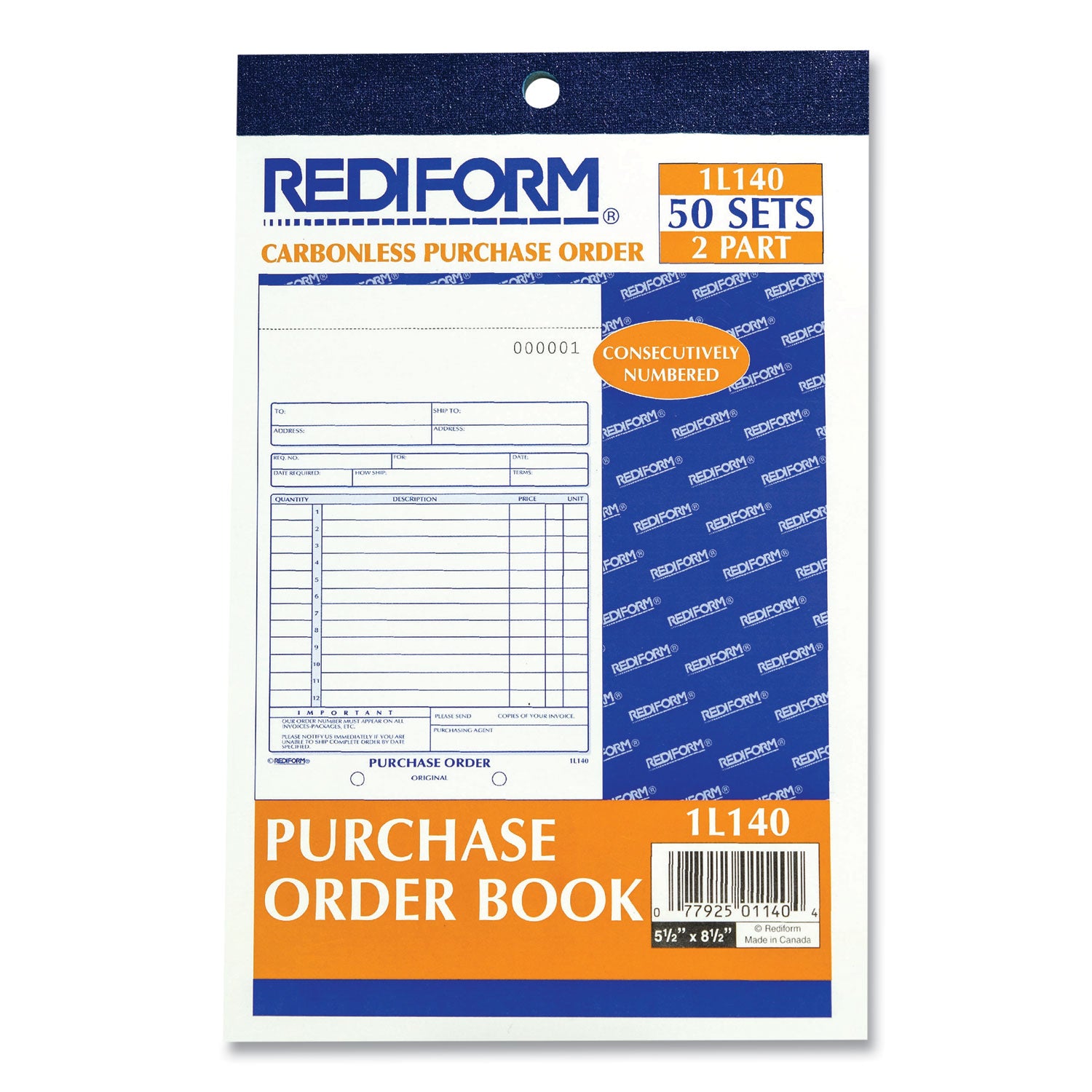 Rediform 2-part Carbonless Purchase Order Book - 50 Sheet(s) - 2 Part - Carbonless Copy - 5.50" x 7.87" Sheet Size - Assorted Sheet(s) - Blue Print Color - 1 Each