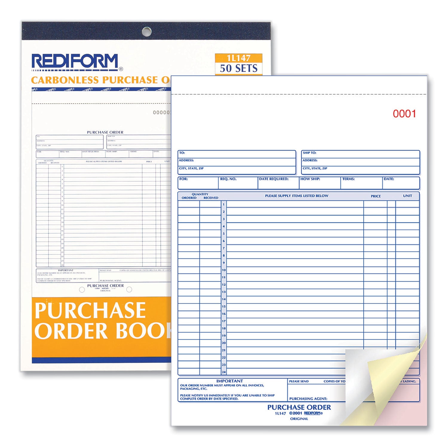 Rediform 2-part Carbonless Purchase Order Book - 3 Part - 8.50" x 11" Sheet Size - White, Canary, Pink - White Sheet(s) - 1 Each