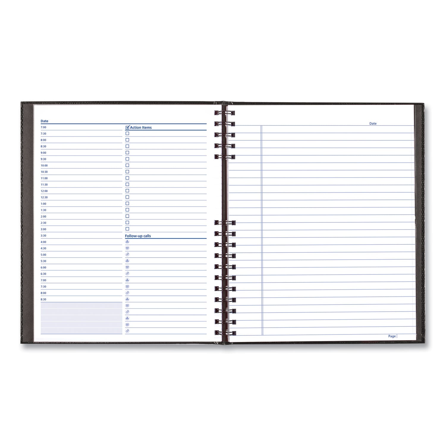 Daily - 7:00 AM to 8:30 PM - Half-hourly - 1 Day Double Page Layout - 11" x 8 1/2" Sheet Size - Twin Wire - Paper - Black Cover - Phone Directory, Pocket, Label, Acid-free, Address Directory, Pocket - 1 Each