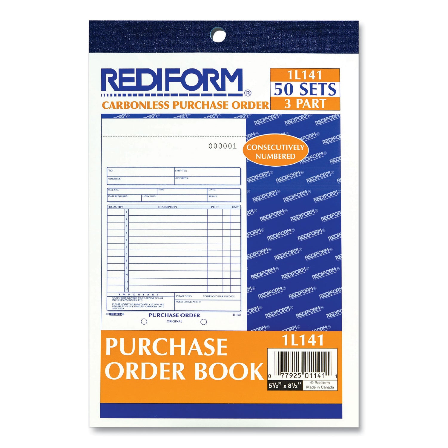 50 Sheet(s) - 3 Part - Carbonless Copy - 5.50" x 7.87" Sheet Size - White, Canary, Pink - Blue Print Color - 1 Each