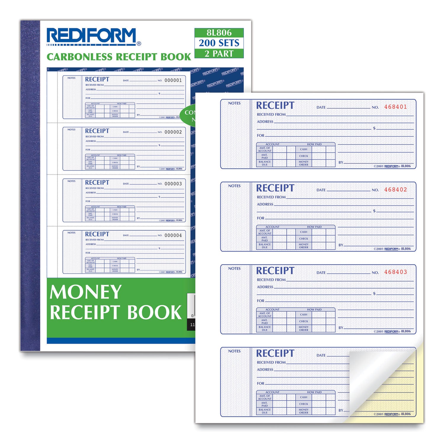 200 Sheet(s) - Book Bound - 2 Part - Carbonless Copy - 7" x 2.75" Sheet Size - Assorted Sheet(s) - 1 Each