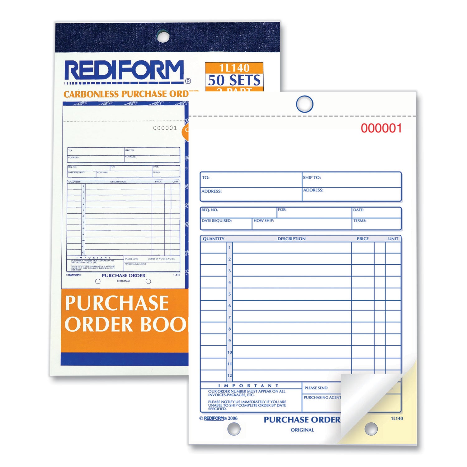 Rediform 2-part Carbonless Purchase Order Book - 50 Sheet(s) - 2 Part - Carbonless Copy - 5.50" x 7.87" Sheet Size - Assorted Sheet(s) - Blue Print Color - 1 Each