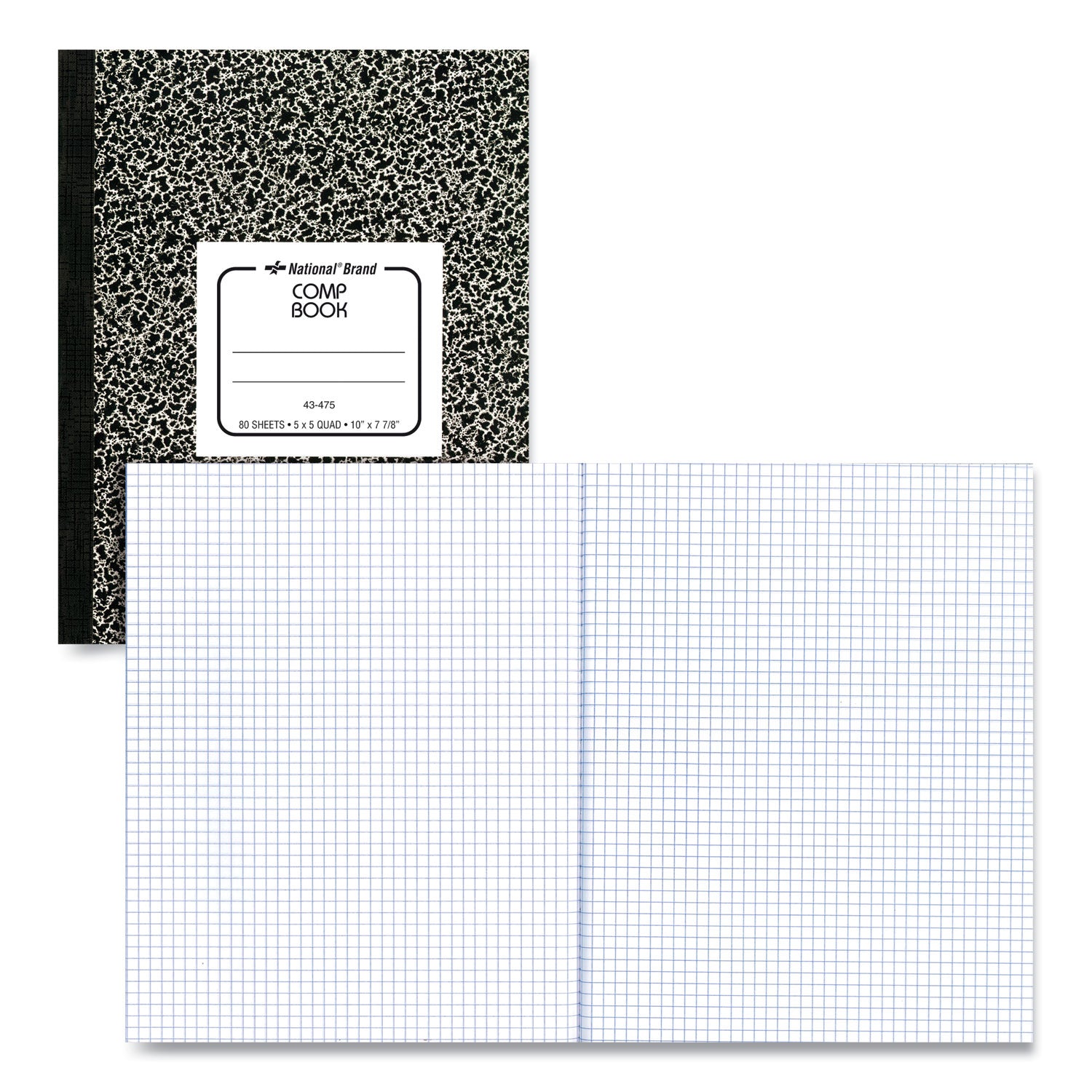 Rediform Xtreme White Notebook - 80 Sheets - Sewn - Quad Ruled Front Ruling - Blue Margin - 16 lb Basis Weight - 7 7/8" x 10" Sheet Size - White Paper - Black Marble Cover - Unpunched - 1 Each