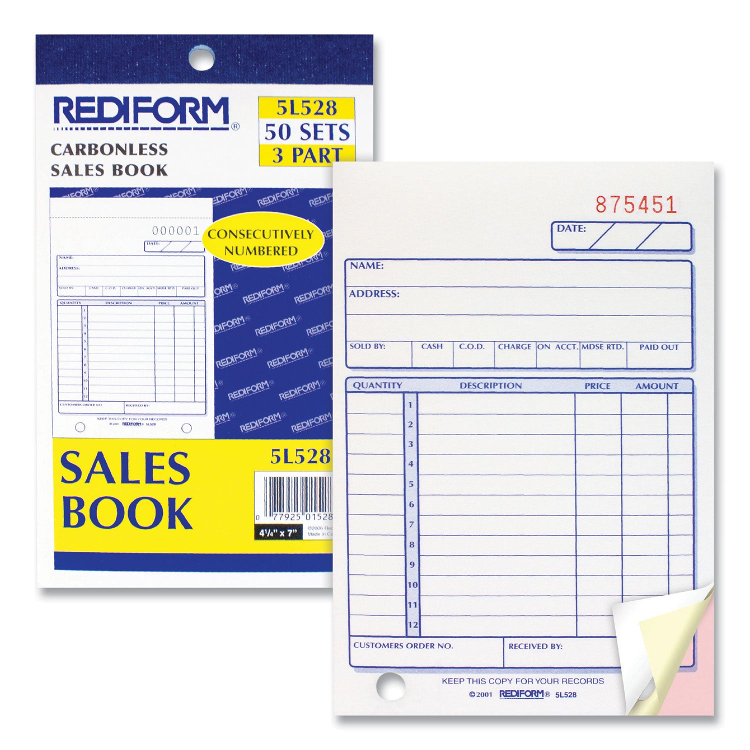 50 Sheet(s) - Stapled - 3 Part - Carbonless Copy - 4.25" x 6.37" Sheet Size - 2 x Holes - Assorted Sheet(s) - Red, Purple Print Color - 1 Each