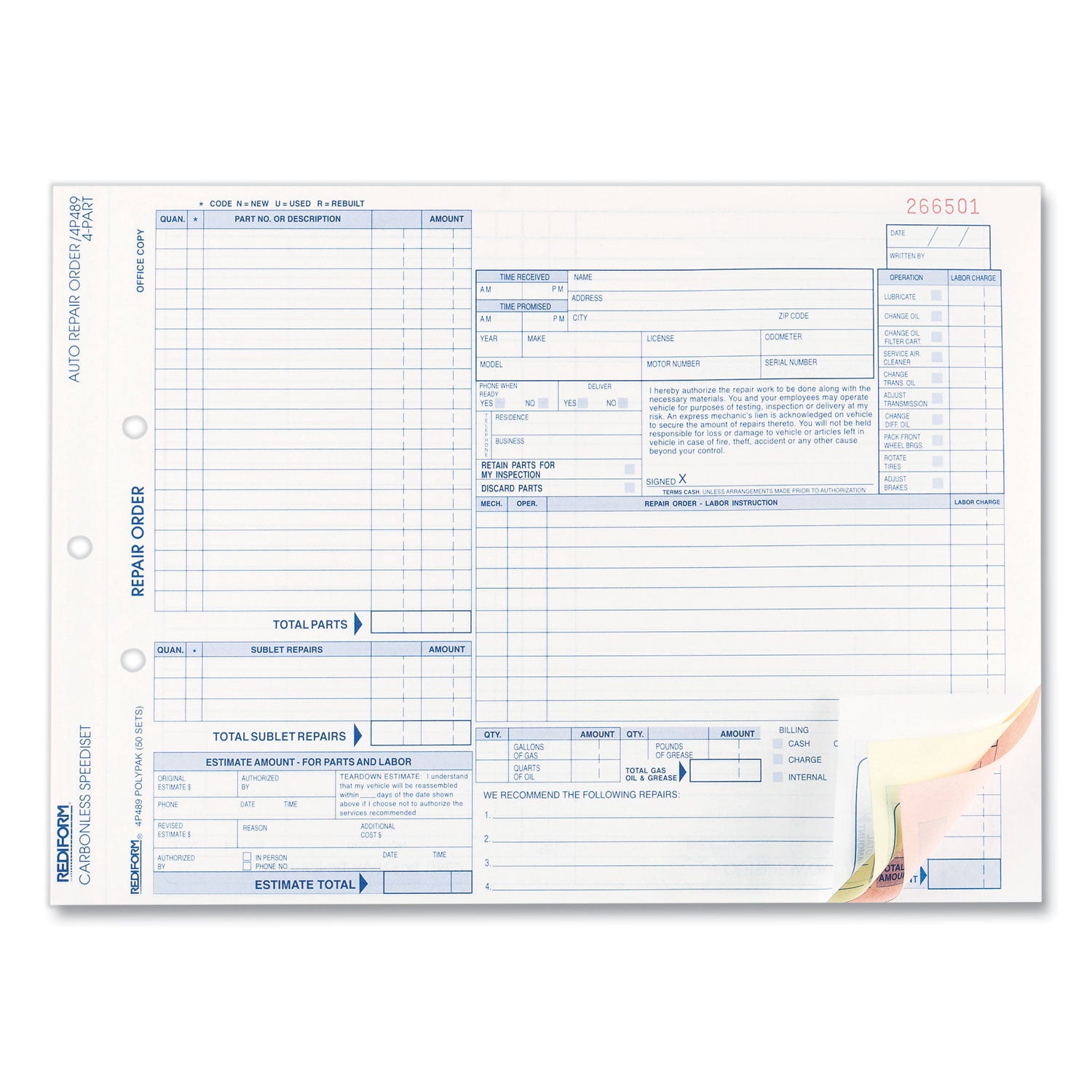 4 Part - Carbonless Copy - 8.50" x 11" Form Size - 50 Set