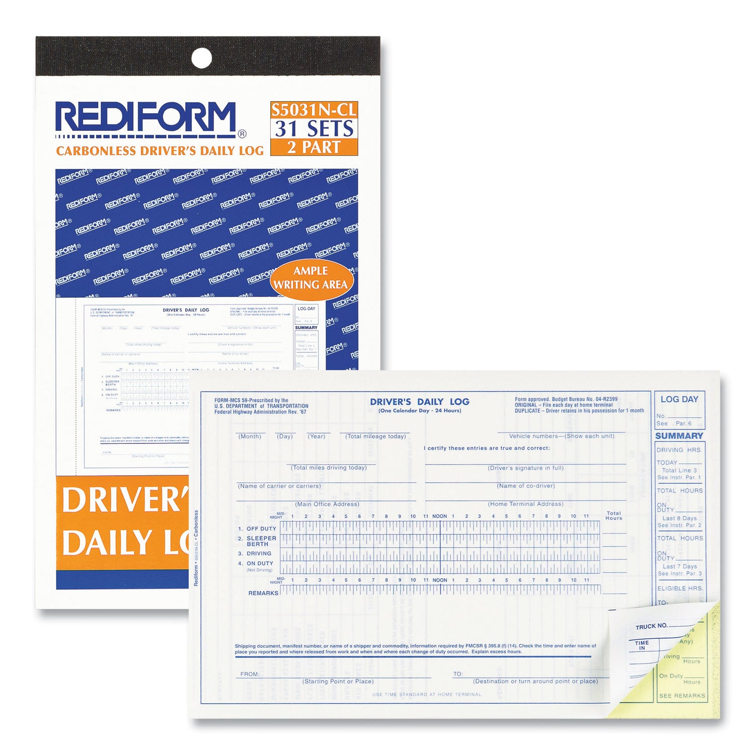 2 Part - Carbonless Copy - 5.37" x 8.75" Form Size - White - Black Print Color - Recycled - 1 Each