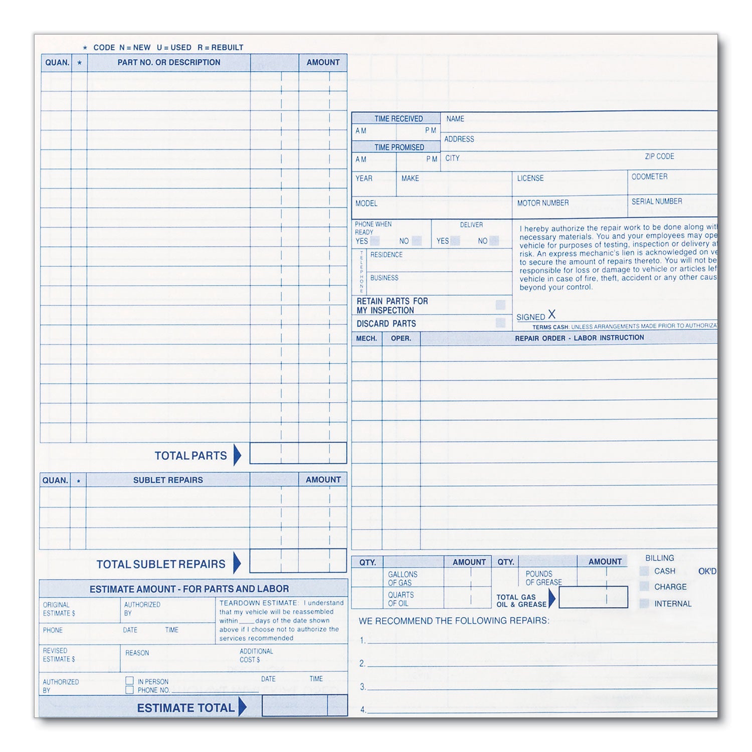 4 Part - Carbonless Copy - 8.50" x 11" Form Size - 50 Set