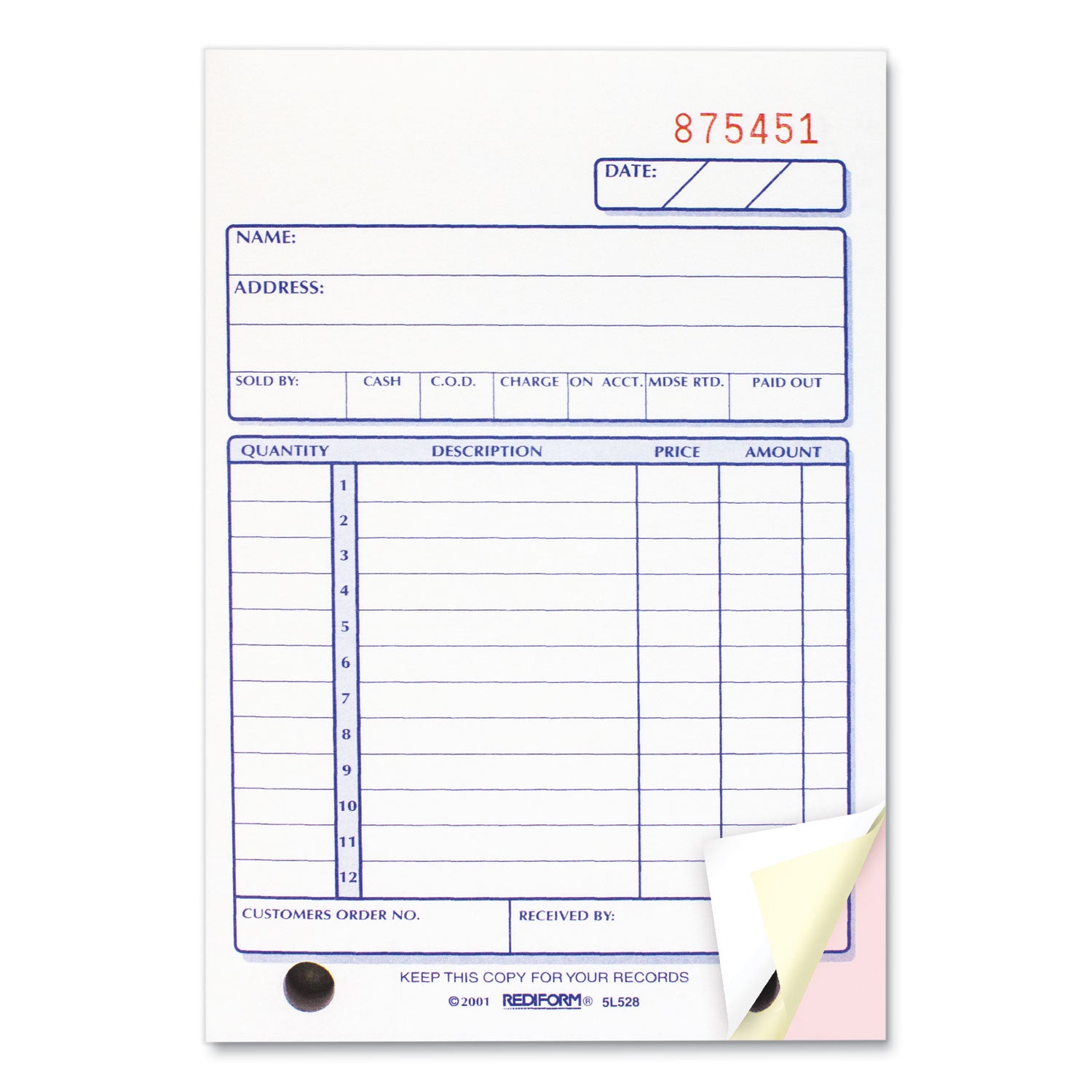 50 Sheet(s) - Stapled - 3 Part - Carbonless Copy - 4.25" x 6.37" Sheet Size - 2 x Holes - Assorted Sheet(s) - Red, Purple Print Color - 1 Each