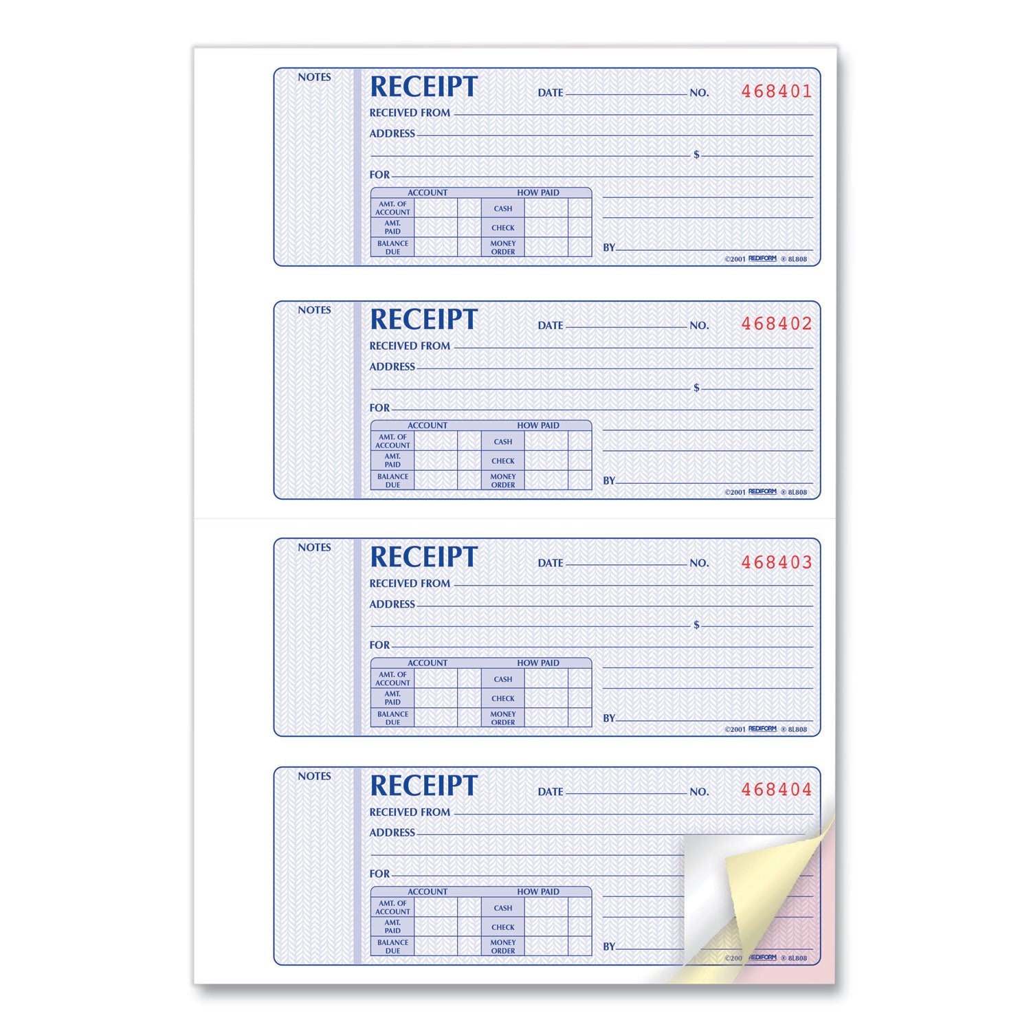 100 Sheet(s) - Book Bound - 3 Part - Carbonless Copy - 7" x 2.75" Sheet Size - Assorted Sheet(s) - Red, Blue Print Color - 1 Each