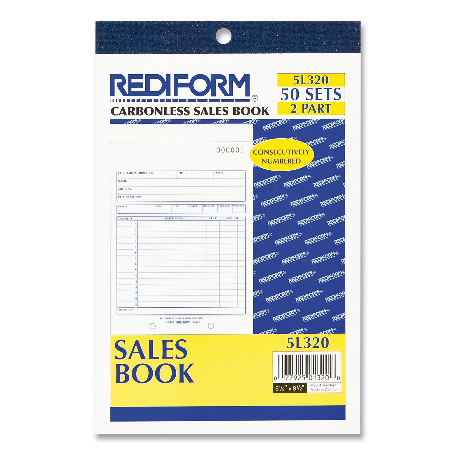 50 Sheet(s) - Stapled - 2 Part - Carbonless Copy - 5.50" x 7.87" Sheet Size - 2 x Holes - Assorted Sheet(s) - Blue Print Color - 1 Each