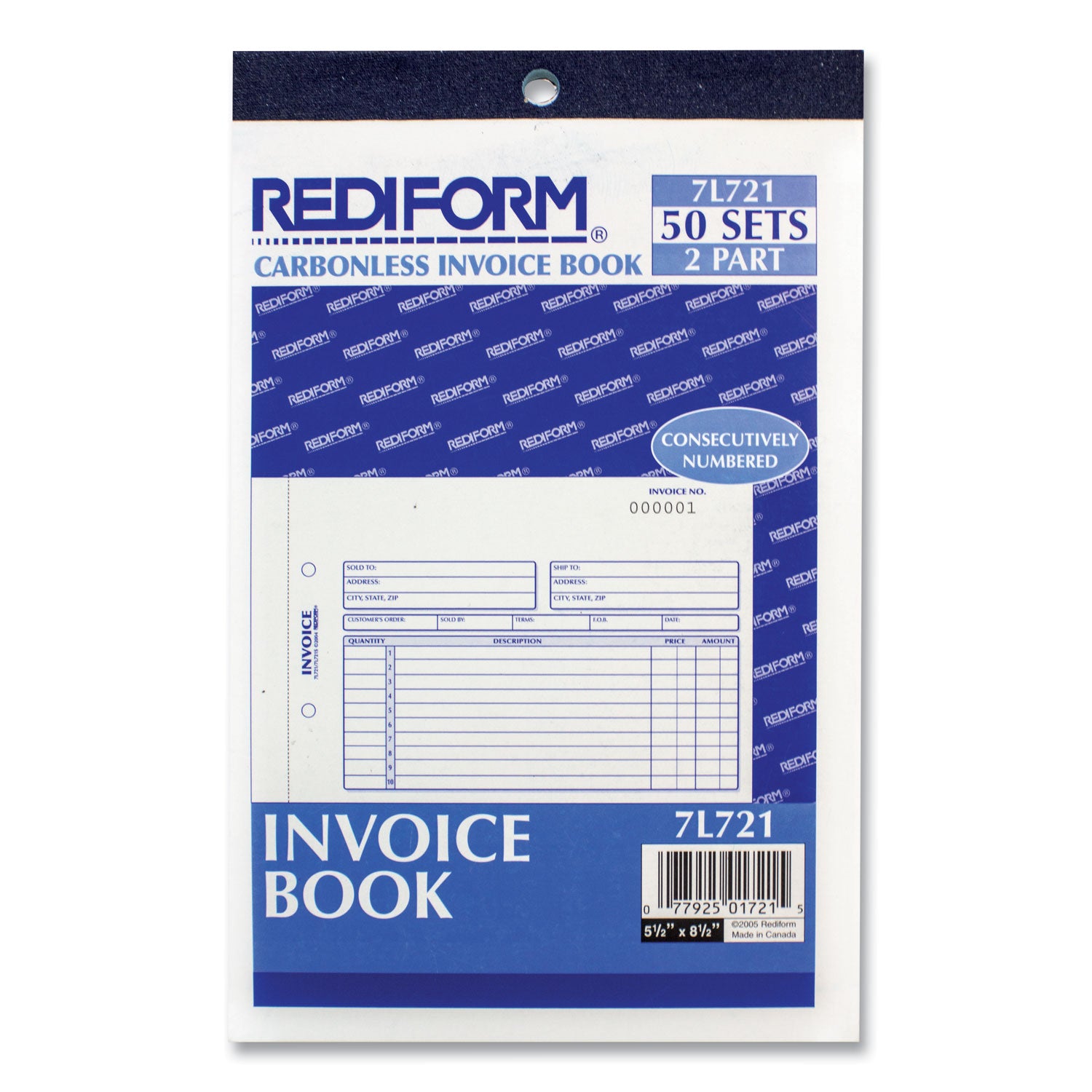 50 Sheet(s) - Stapled - 2 Part - Carbonless Copy - 7.87" x 5.50" Sheet Size - 2 x Holes - White, Yellow - Blue, Red Print Color - 1 Each