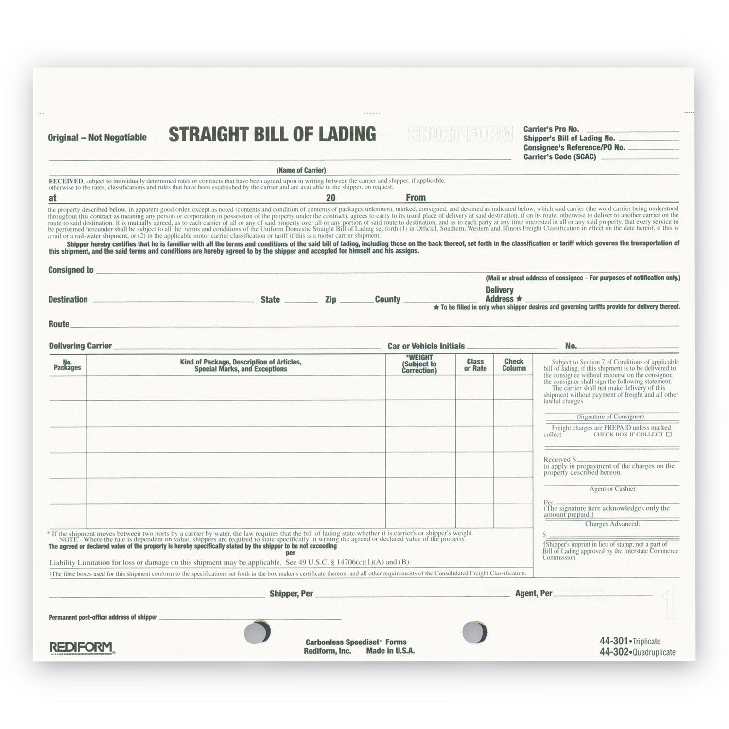 3 Part - Carbonless Copy - 8.50" x 7" Sheet Size - 2 x Holes - White Sheet(s) - Black Print Color - 250 / Pack