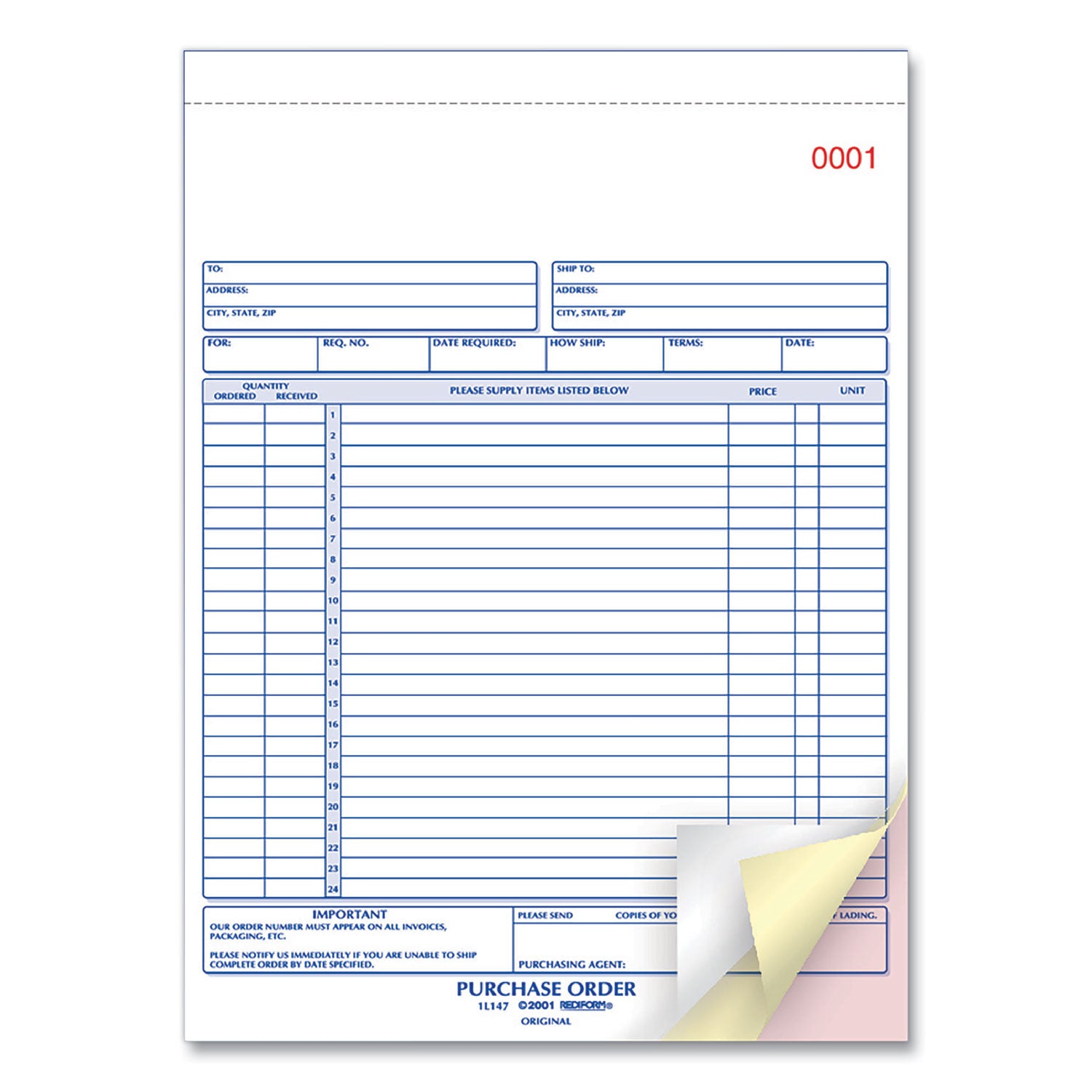 Rediform 2-part Carbonless Purchase Order Book - 3 Part - 8.50" x 11" Sheet Size - White, Canary, Pink - White Sheet(s) - 1 Each
