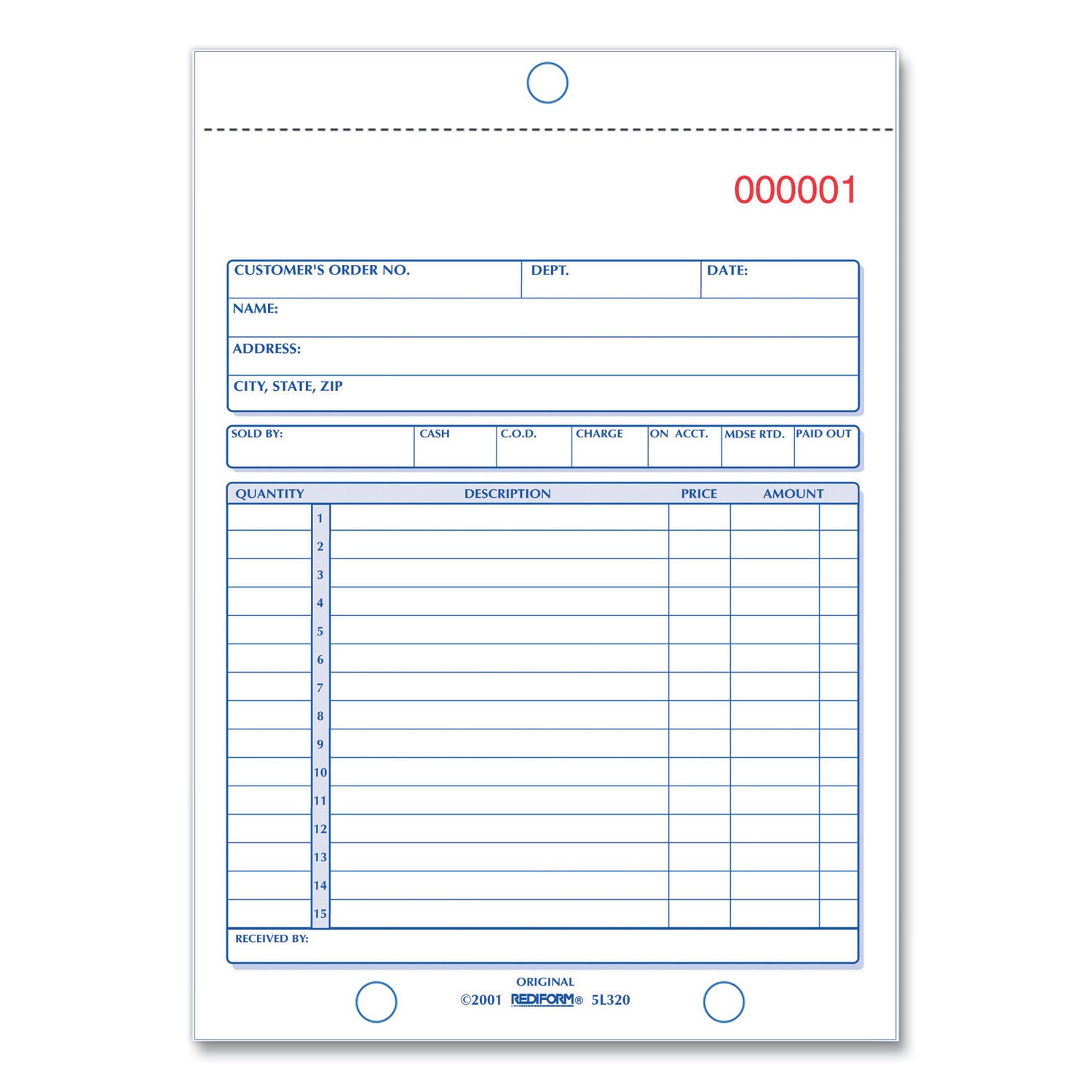 50 Sheet(s) - Stapled - 2 Part - Carbonless Copy - 5.50" x 7.87" Sheet Size - 2 x Holes - Assorted Sheet(s) - Blue Print Color - 1 Each