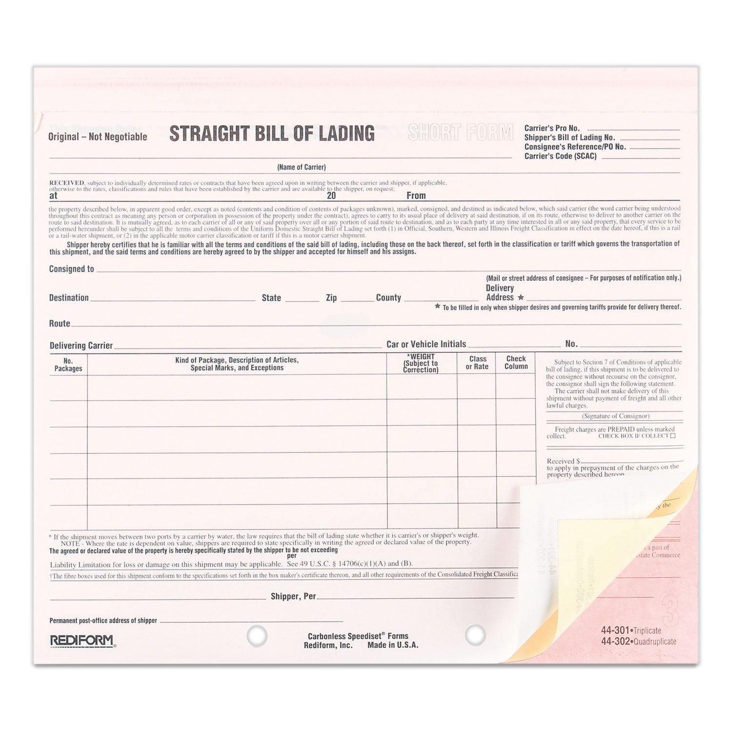 3 Part - Carbonless Copy - 8.50" x 7" Sheet Size - 2 x Holes - White Sheet(s) - Black Print Color - 250 / Pack