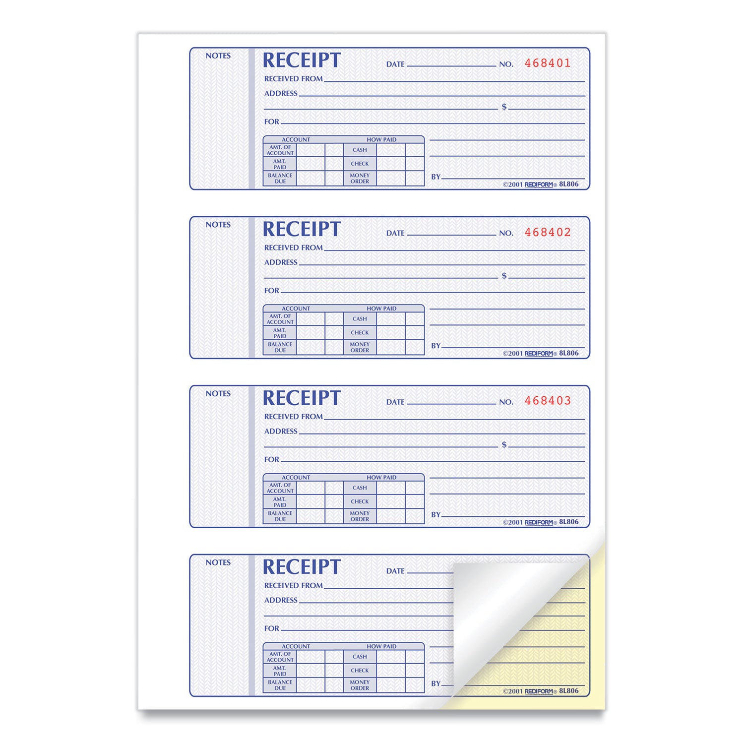 200 Sheet(s) - Book Bound - 2 Part - Carbonless Copy - 7" x 2.75" Sheet Size - Assorted Sheet(s) - 1 Each