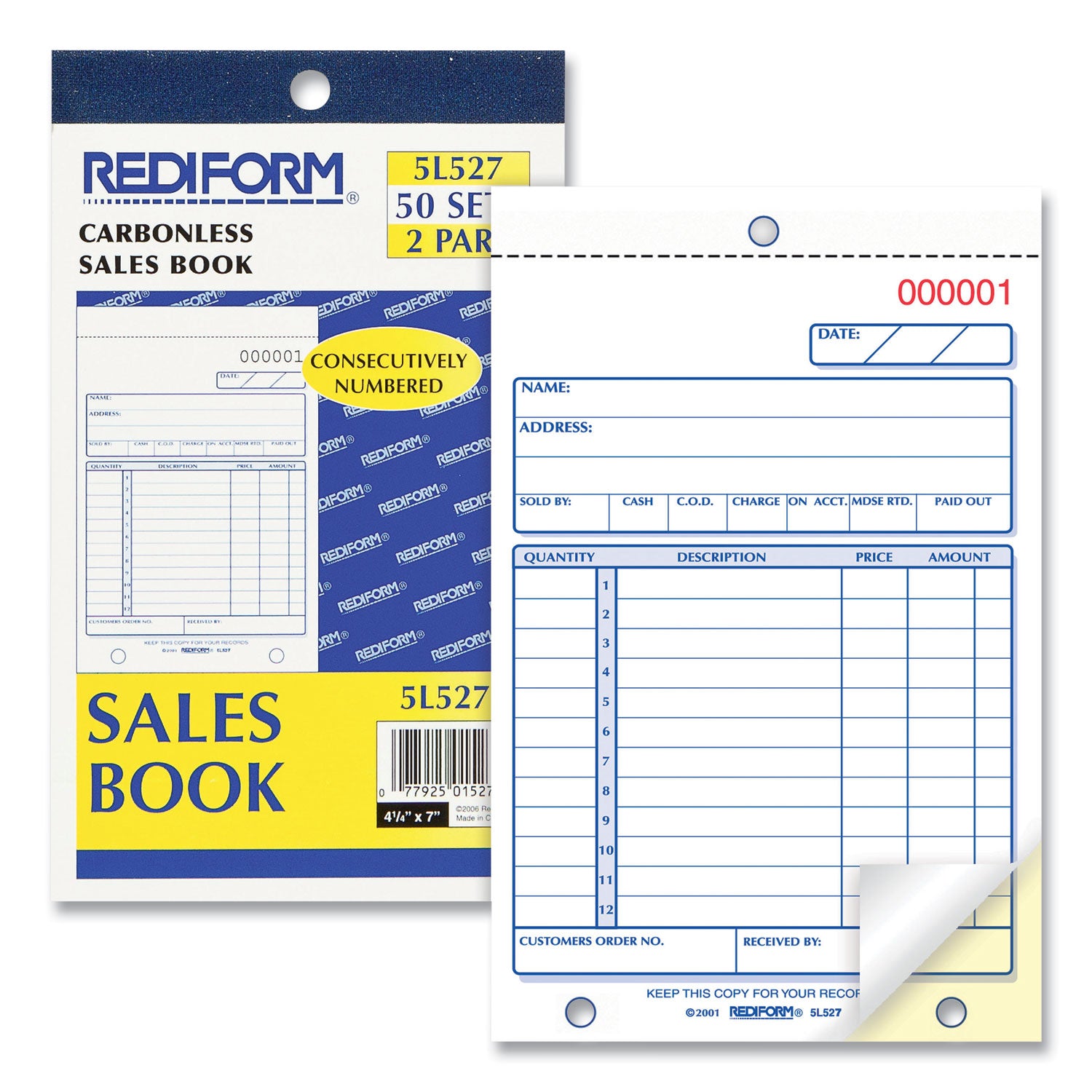50 Sheet(s) - 2 Part - Carbonless Copy - 4.25" x 6.37" Sheet Size - Assorted Sheet(s) - Recycled - 1 Each