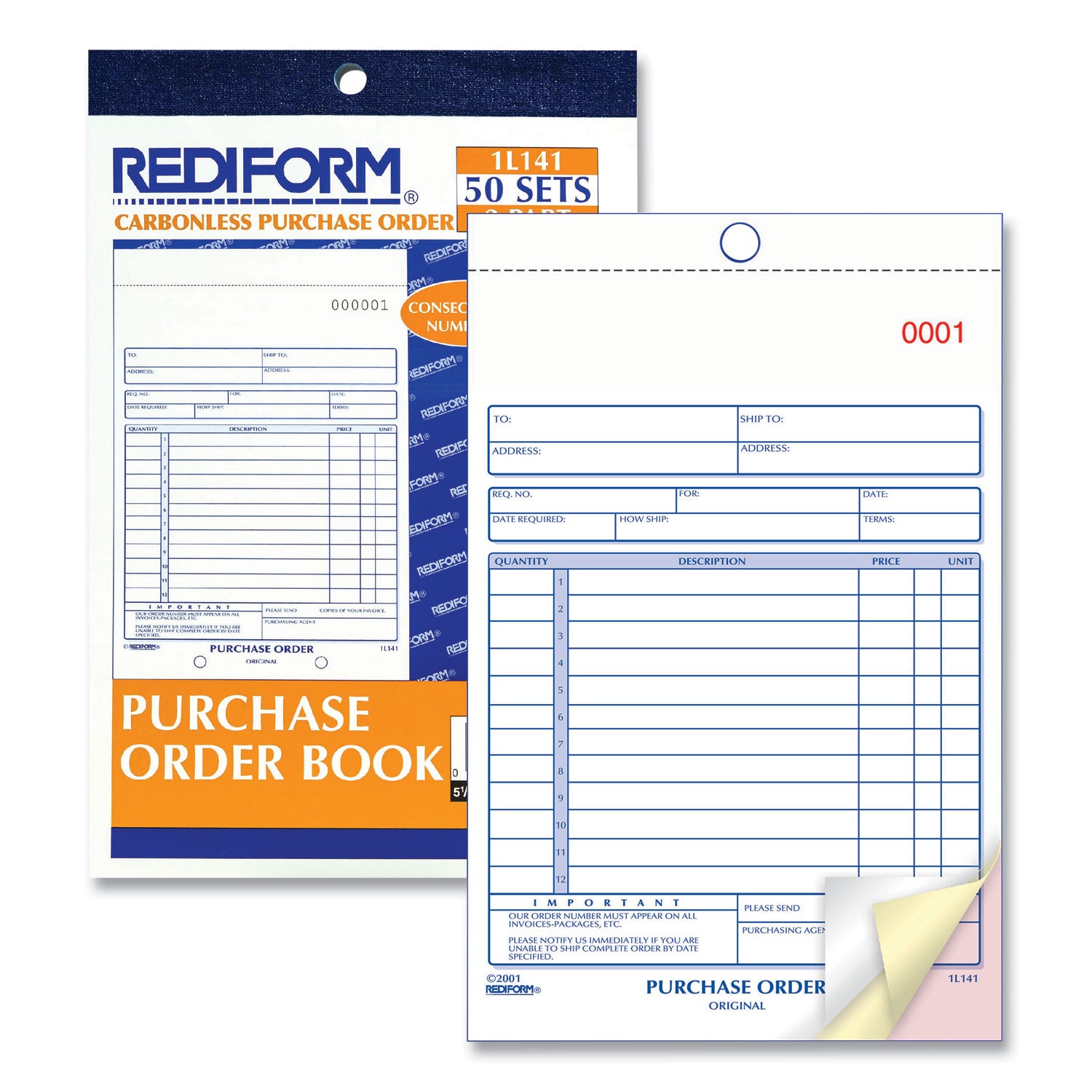 50 Sheet(s) - 3 Part - Carbonless Copy - 5.50" x 7.87" Sheet Size - White, Canary, Pink - Blue Print Color - 1 Each