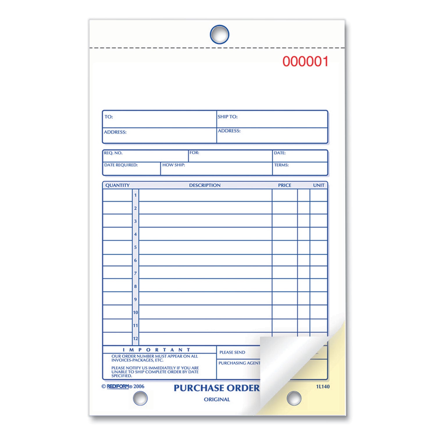 Rediform 2-part Carbonless Purchase Order Book - 50 Sheet(s) - 2 Part - Carbonless Copy - 5.50" x 7.87" Sheet Size - Assorted Sheet(s) - Blue Print Color - 1 Each