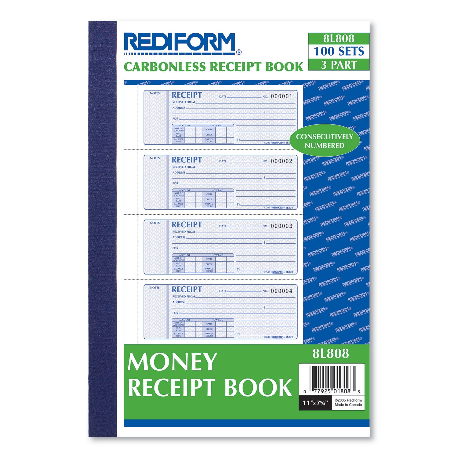 100 Sheet(s) - Book Bound - 3 Part - Carbonless Copy - 7" x 2.75" Sheet Size - Assorted Sheet(s) - Red, Blue Print Color - 1 Each