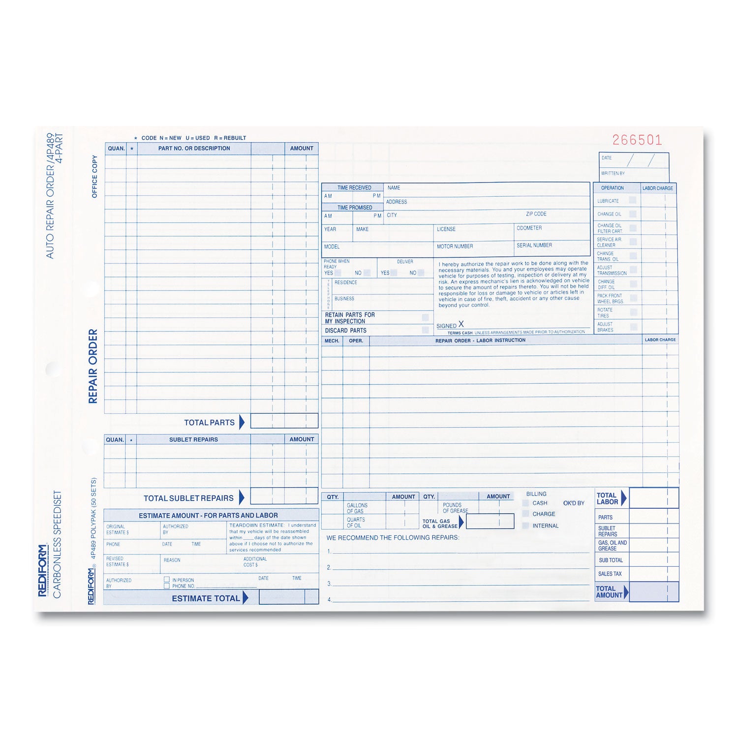 4 Part - Carbonless Copy - 8.50" x 11" Form Size - 50 Set