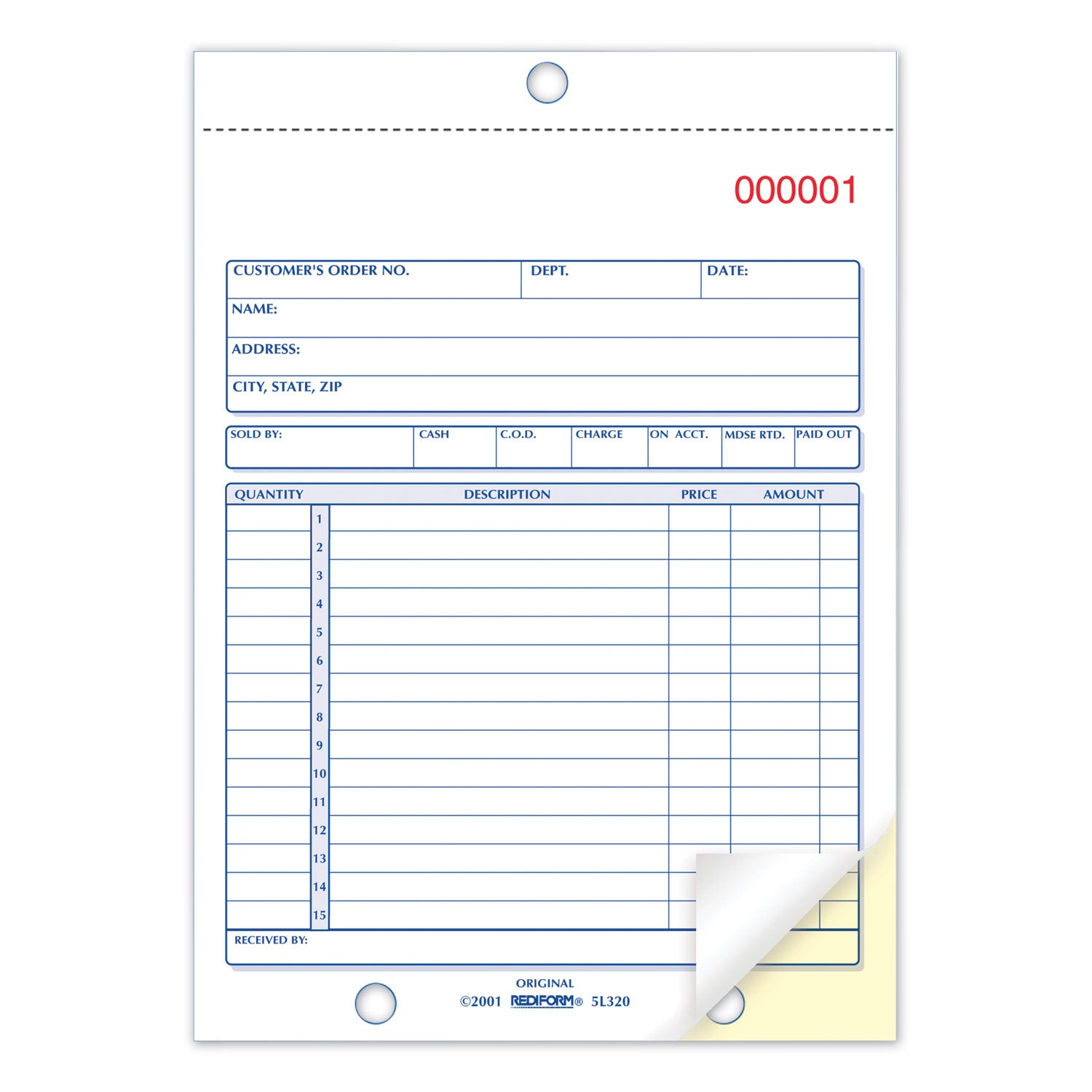 50 Sheet(s) - Stapled - 2 Part - Carbonless Copy - 5.50" x 7.87" Sheet Size - 2 x Holes - Assorted Sheet(s) - Blue Print Color - 1 Each