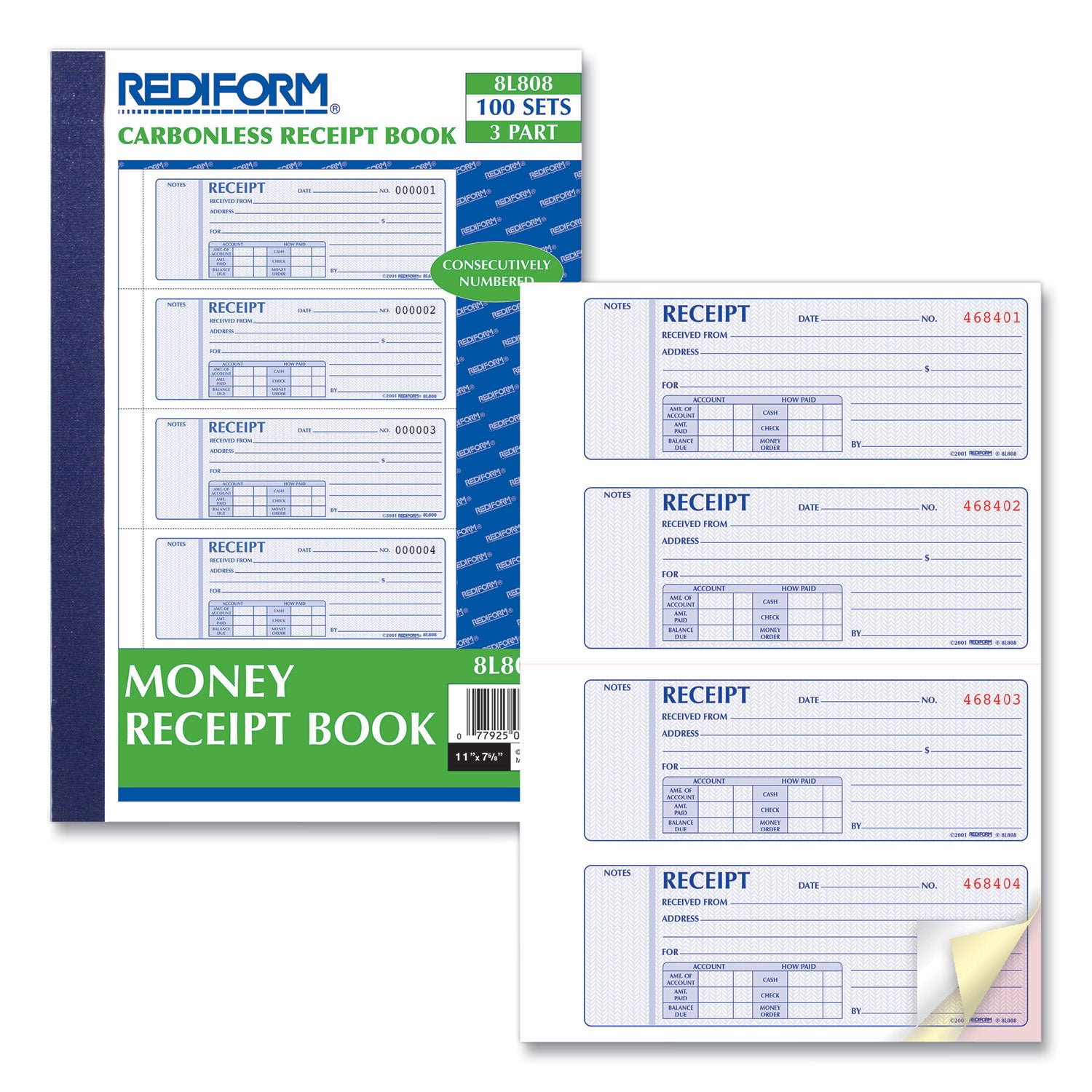 100 Sheet(s) - Book Bound - 3 Part - Carbonless Copy - 7" x 2.75" Sheet Size - Assorted Sheet(s) - Red, Blue Print Color - 1 Each