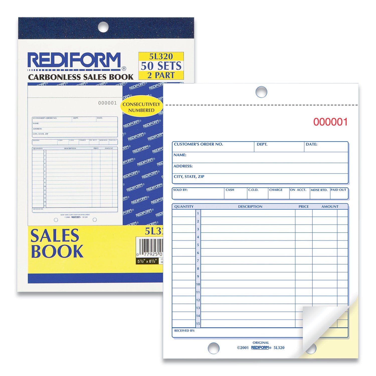 50 Sheet(s) - Stapled - 2 Part - Carbonless Copy - 5.50" x 7.87" Sheet Size - 2 x Holes - Assorted Sheet(s) - Blue Print Color - 1 Each