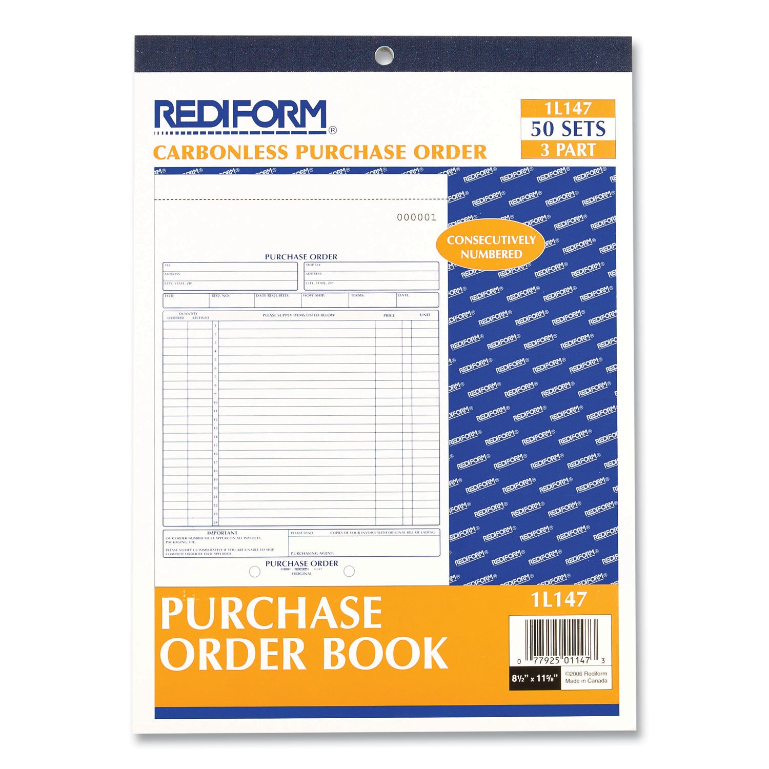 Rediform 2-part Carbonless Purchase Order Book - 3 Part - 8.50" x 11" Sheet Size - White, Canary, Pink - White Sheet(s) - 1 Each
