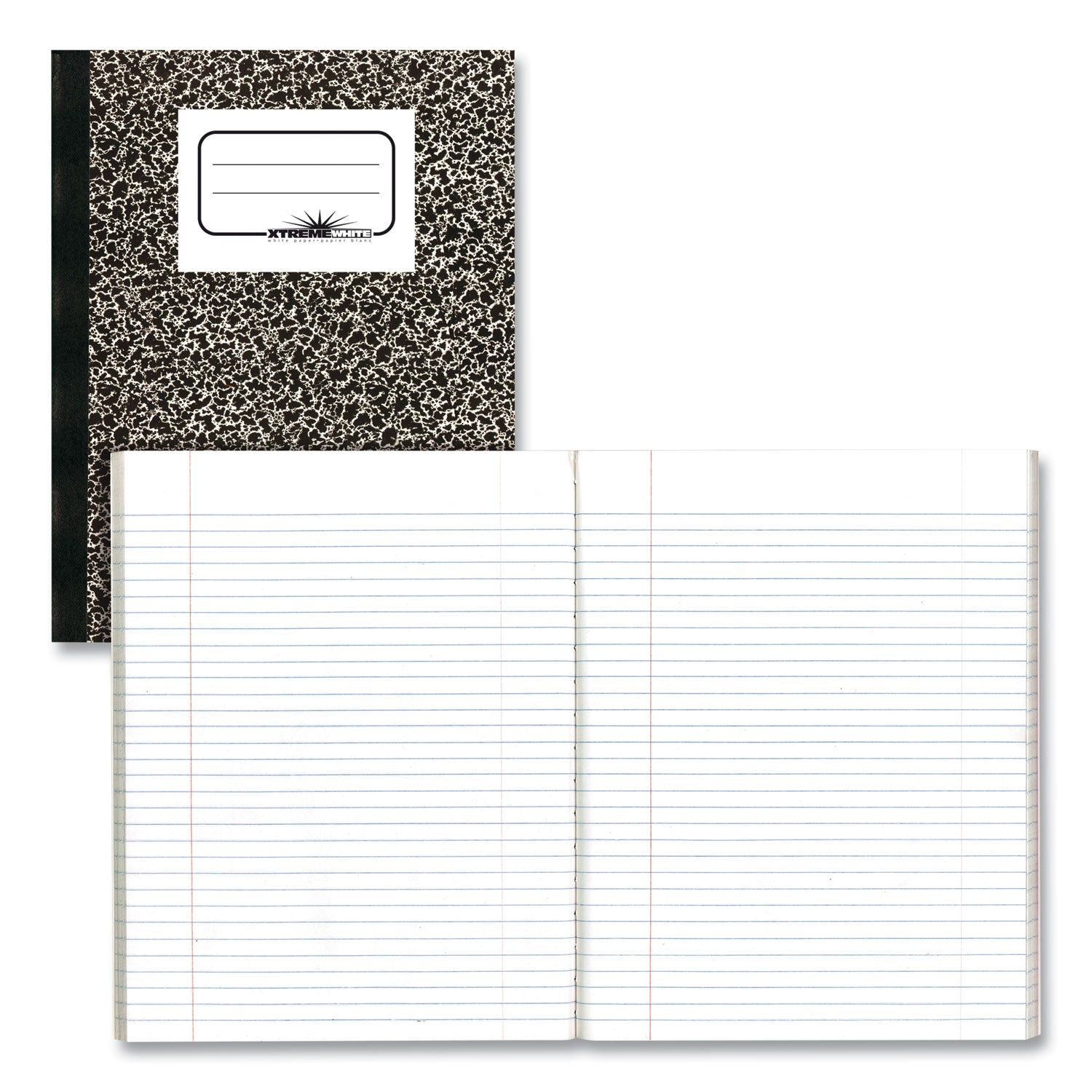 Rediform Xtreme White Notebook - 80 Sheets - Sewn - College Ruled Front Ruling - Ruled Red Margin - 7 7/8" x 10" Sheet Size - White Paper - Black Marble Cover - Subject - 1 Each