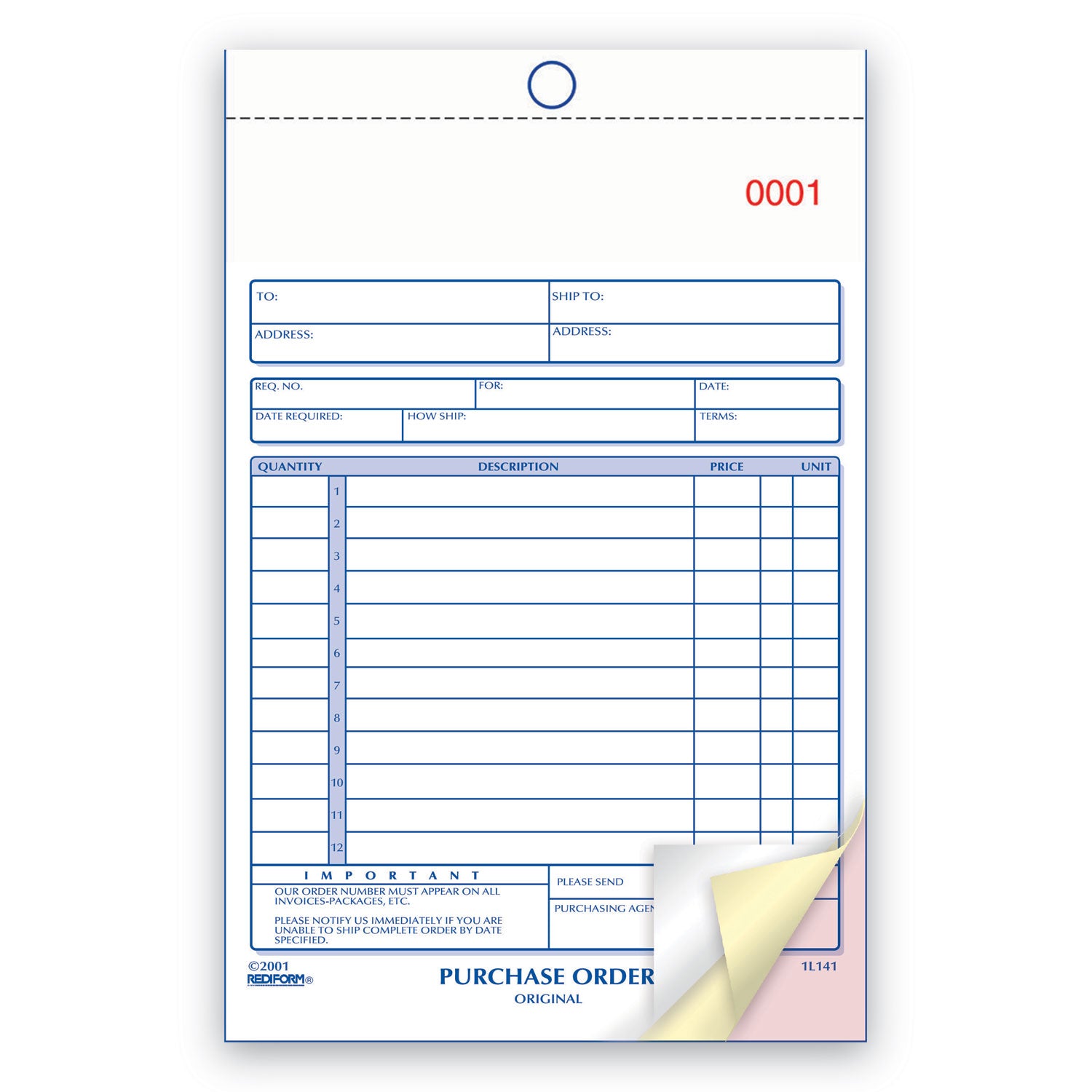 50 Sheet(s) - 3 Part - Carbonless Copy - 5.50" x 7.87" Sheet Size - White, Canary, Pink - Blue Print Color - 1 Each