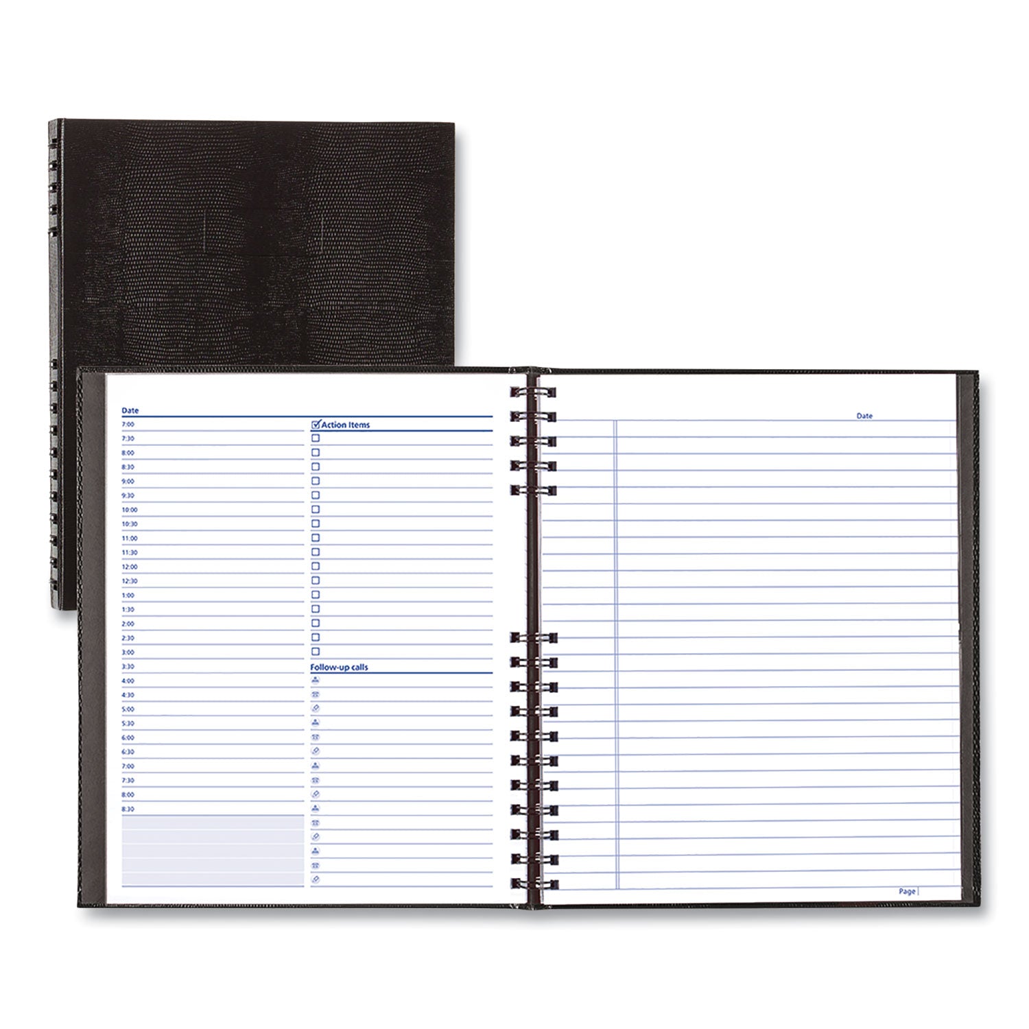 Daily - 7:00 AM to 8:30 PM - Half-hourly - 1 Day Double Page Layout - 11" x 8 1/2" Sheet Size - Twin Wire - Paper - Black Cover - Phone Directory, Pocket, Label, Acid-free, Address Directory, Pocket - 1 Each