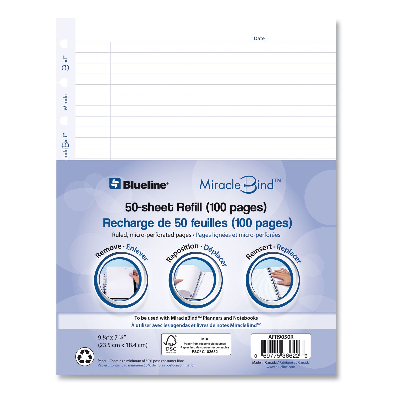 50 Sheets - 100 Pages - Ruled Margin - 9 1/4" x 7 1/4" Sheet Size - White Paper - Micro Perforated, Repositionable, Acid-free, Punched, Removable - Recycled - 50 Pack
