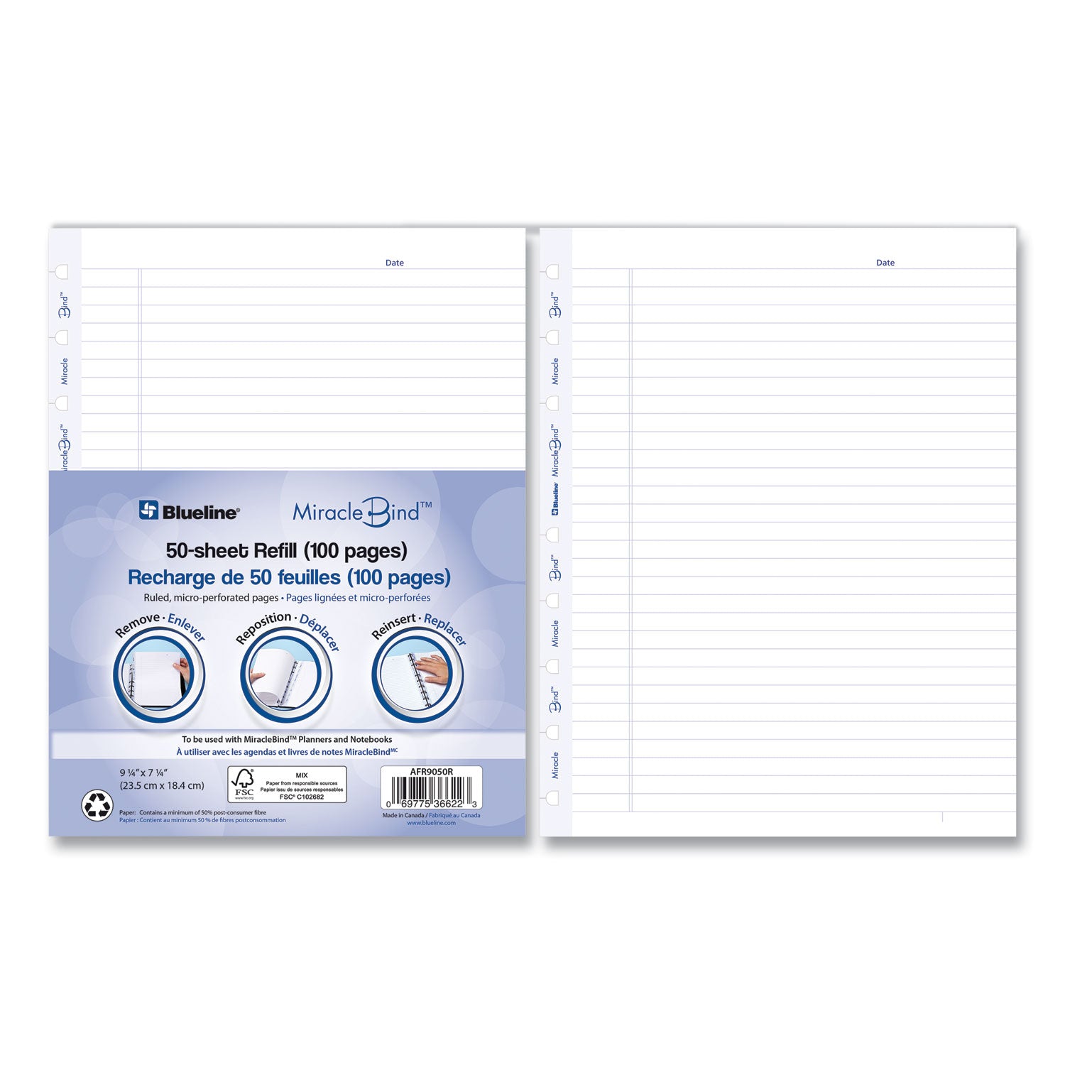50 Sheets - 100 Pages - Ruled Margin - 9 1/4" x 7 1/4" Sheet Size - White Paper - Micro Perforated, Repositionable, Acid-free, Punched, Removable - Recycled - 50 Pack