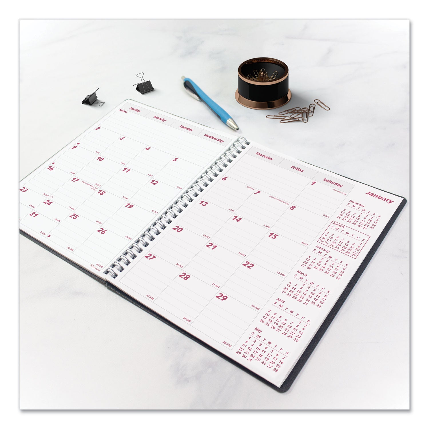 Brownline Monthly Planner, 14-Month, December 2025–January 2027, Twin Wire, 7 1/8" x 8 7/8", Black Textured Poly Cover, FSC Certified, 1 Each